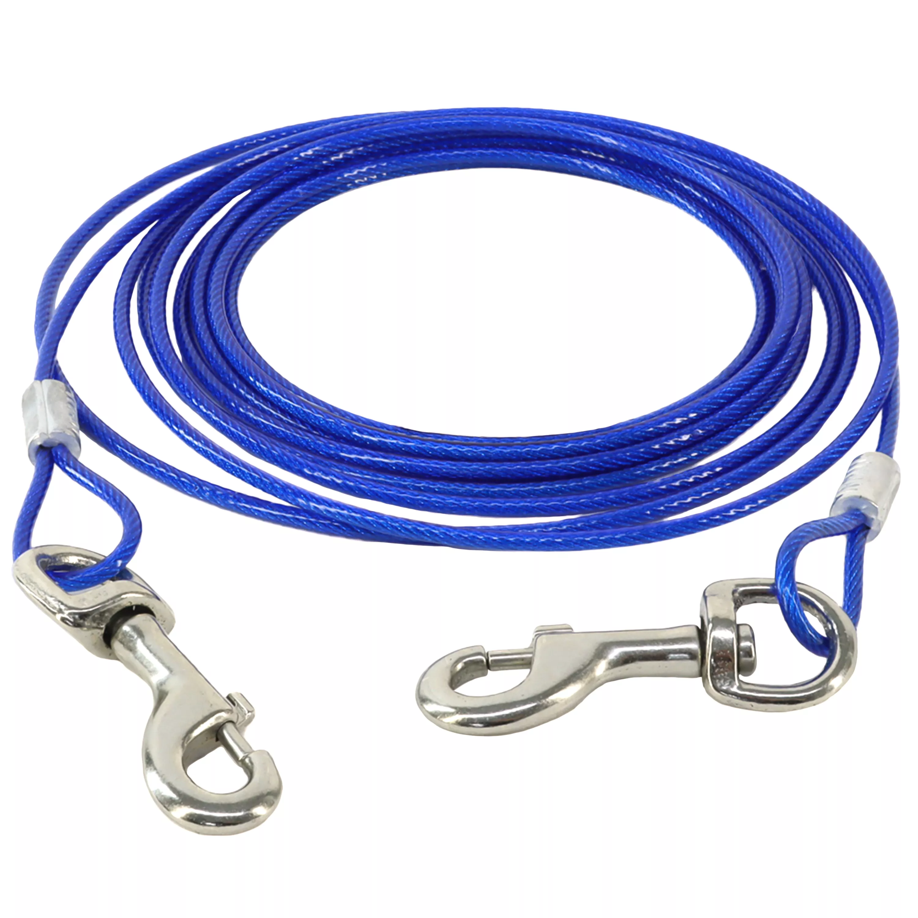 A coiled dog tie‑out cable is displayed against a plain white background. The cable is bright blue with a smooth plastic‑coated surface. Both ends of the cable are fitted with silver metal swivel snap hooks, each with a spring‑loaded clasp and curved hook shape. The cable is arranged in overlapping loops, showing its consistent blue coating, metallic end crimps, and uniform thickness along the entire visible length.