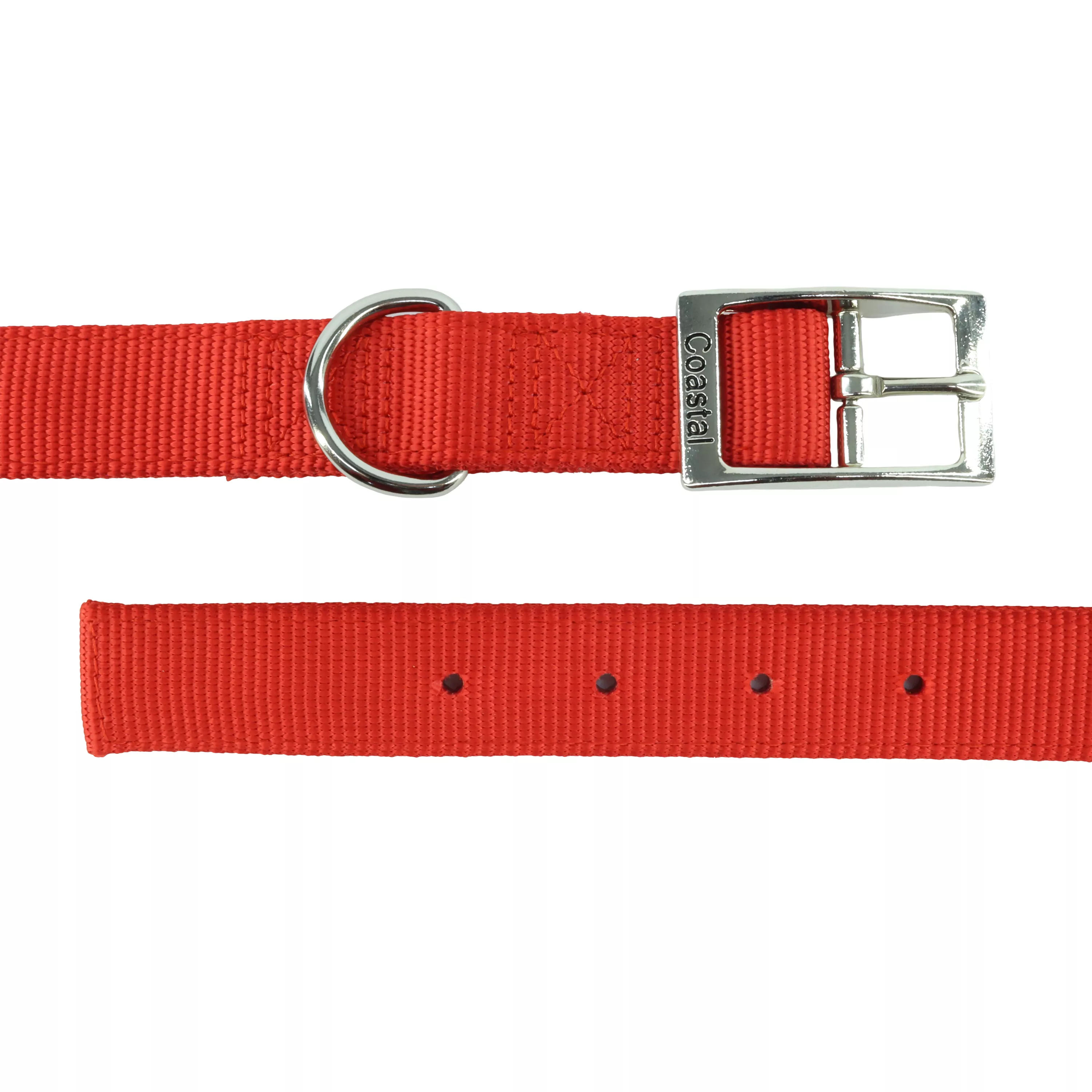 A product‑only image of a red double‑ply dog collar laid horizontally against a white background. The collar is made of heavy woven nylon with ribbed texture and edge stitching. On the right side of the frame is a silver‑tone metal buckle with round sizing holes, and a silver‑tone metal D‑ring is attached beside it using a folded, stitched loop. The left portion of the strap displays evenly spaced rectangular sizing holes. The collar is shown in separate horizontal segments to display both hardware and strap details.