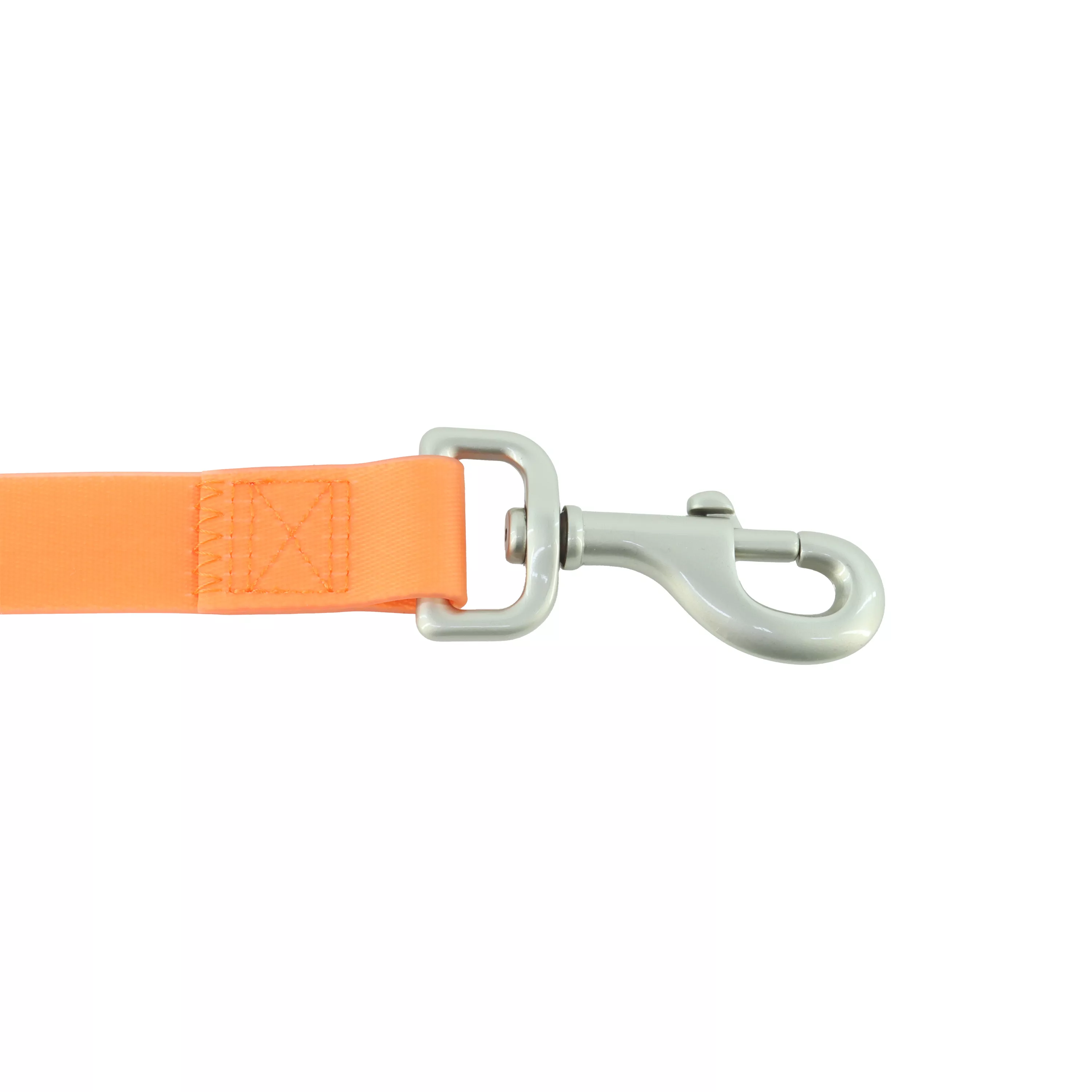 A product‑only photograph displays a waterproof dog leash The leash is bright orange and made of smooth, flat waterproof material with a uniform matte finish. A silver‑colored metal swivel clip is attached at one end.