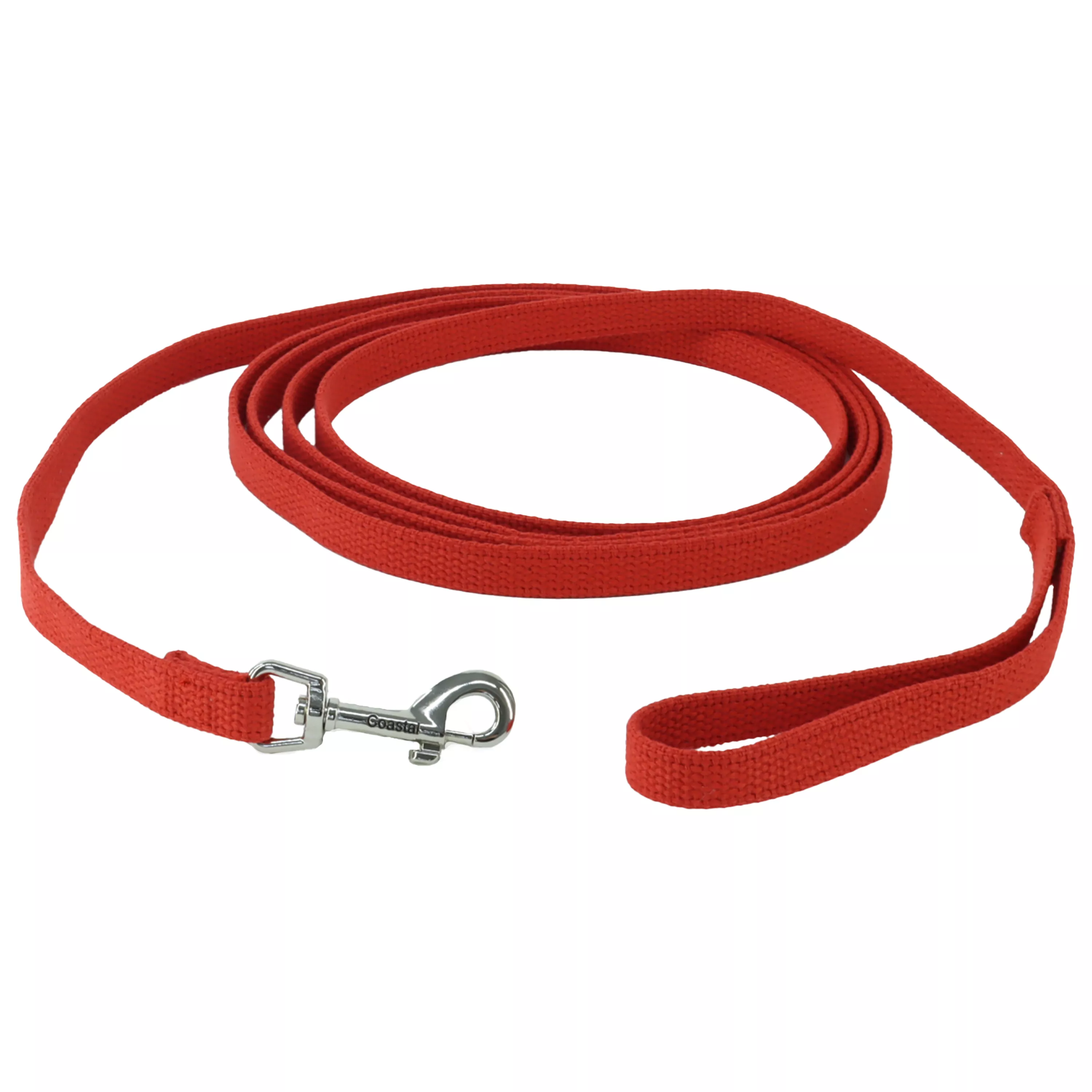 A red cotton web dog training leash is displayed against a plain white background. The leash is made from flat woven cotton material in a solid red color. It is loosely coiled with several overlapping loops. One end features a looped handle formed by folding the strap and stitching it with matching red thread. The opposite end has a silver metal swivel snap hook with a spring‑loaded clasp attached with reinforced red stitching.