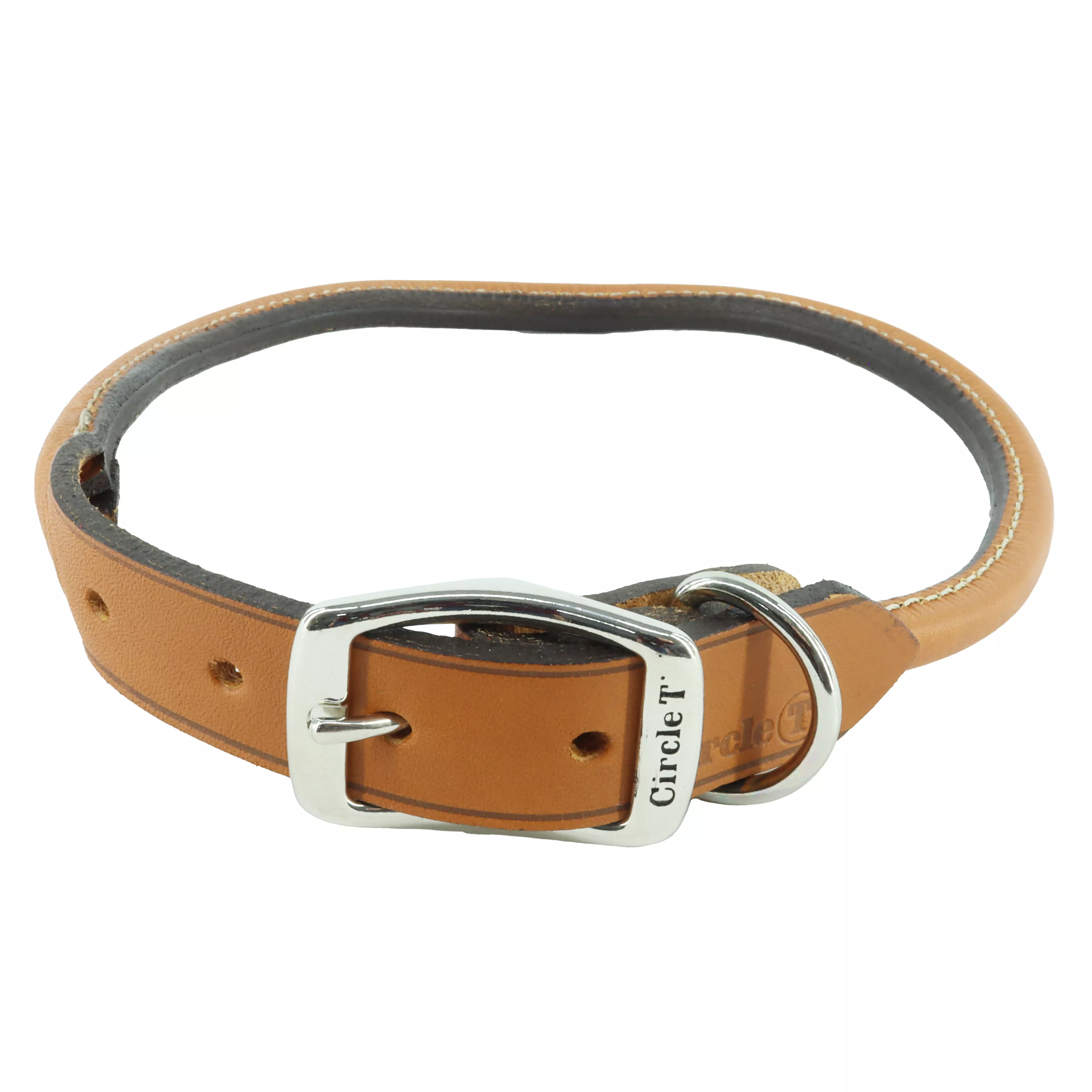A product‑only image of the Circle T® Oak Tanned Leather Round Dog Collar shows the collar coiled into a circular shape on a white background. The round latigo leather strap is crafted from light tan leather with a smooth cylindrical profile. The reinforced flat buckle section includes matching tan leather, polished silver hardware, and tan stitching along the edges. A silver‑metal buckle and D‑ring complete the design.