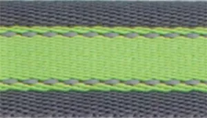 A swatch made from woven material combining lime‑green and dark grey fibers. The center band is bright green, bordered by thick rows of textured charcoal‑grey. The weave creates subtle ridges and slight reflective highlights.