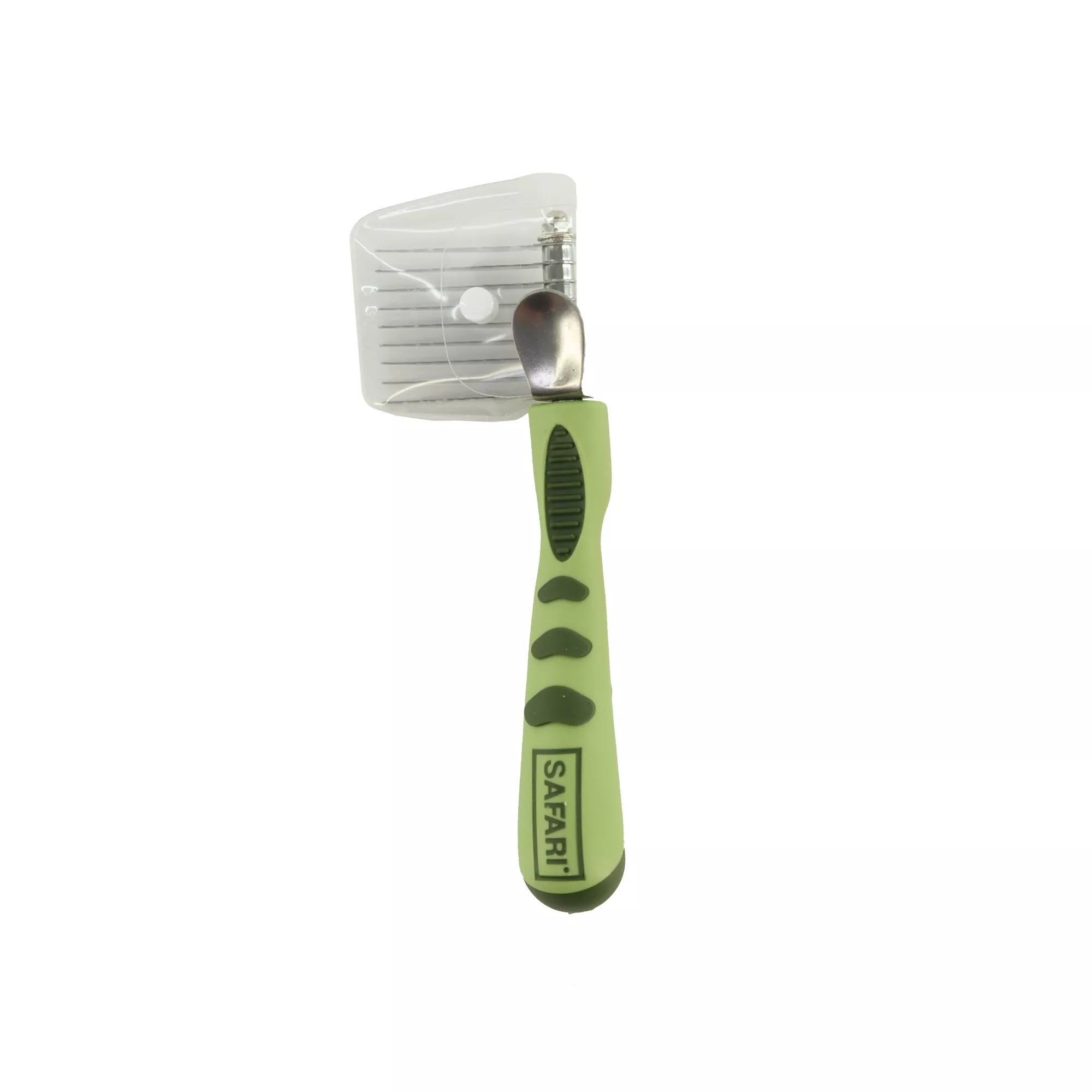 A dog de‑matting comb with a protective sleeve displayed on a white background. The comb has a light green handle, metal de‑matting blades, and a clear plastic protective cover fitted over the blades.