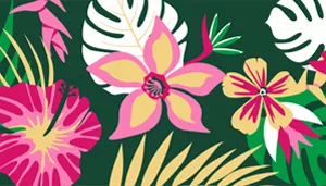 A swatch showing a close‑up of fabric with a tropical floral pattern. Large flowers in pink, yellow, and coral appear with green leaves on a dark green background. The woven texture is visible.
