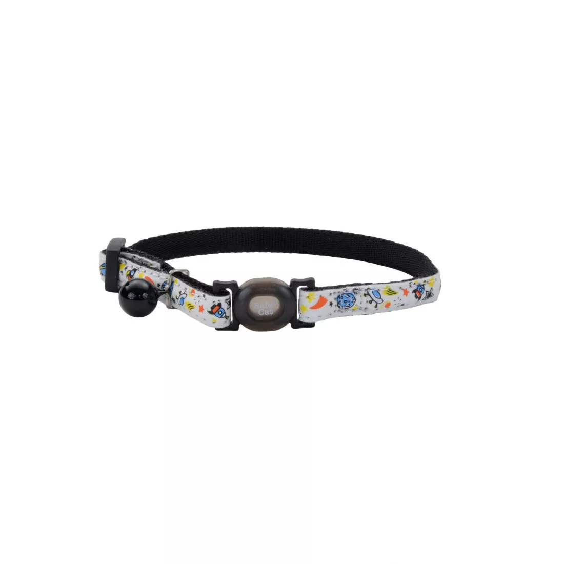 A product image of an adjustable breakaway cat collar labeled Glowing Black Galaxy. The strap is black with printed galaxy‑themed shapes including stars and planets in white and light gray. The buckle is black plastic with rounded edges and the printed text “Safe Cat®.” A coordinating black bell hangs from a metal ring beside the buckle.