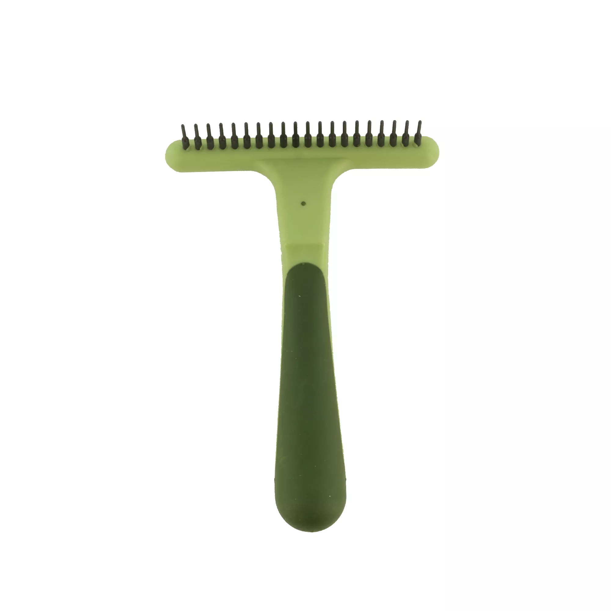 A dog single row undercoat rake displayed upright on a white background. The rake has a light green handle and a straight metal head with a single row of fixed pins.