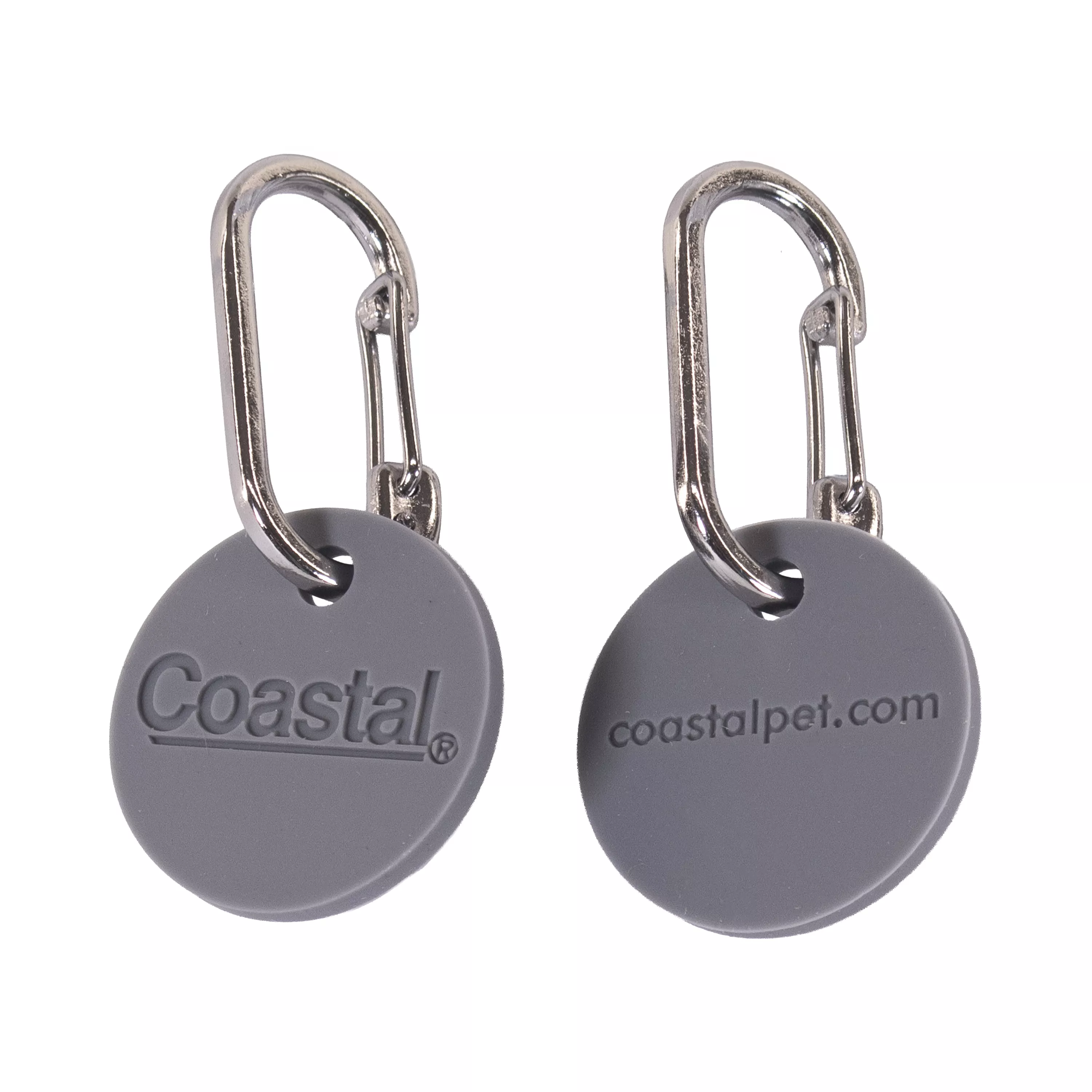Two gray oval silicone tags engraved with “Coastal Pet" and "coastalpet.com" each attached to a silver clip, placed on a white background.