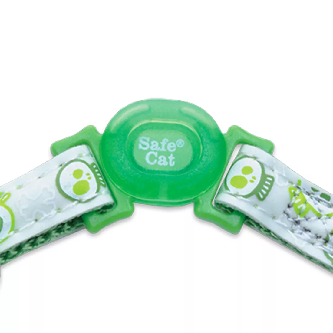 A close‑up product image of a glow‑in‑the‑dark adjustable breakaway collar on a white background. The strap is white with printed green skulls. The buckle is rounded green plastic with the printed text “Safe Cat®.”