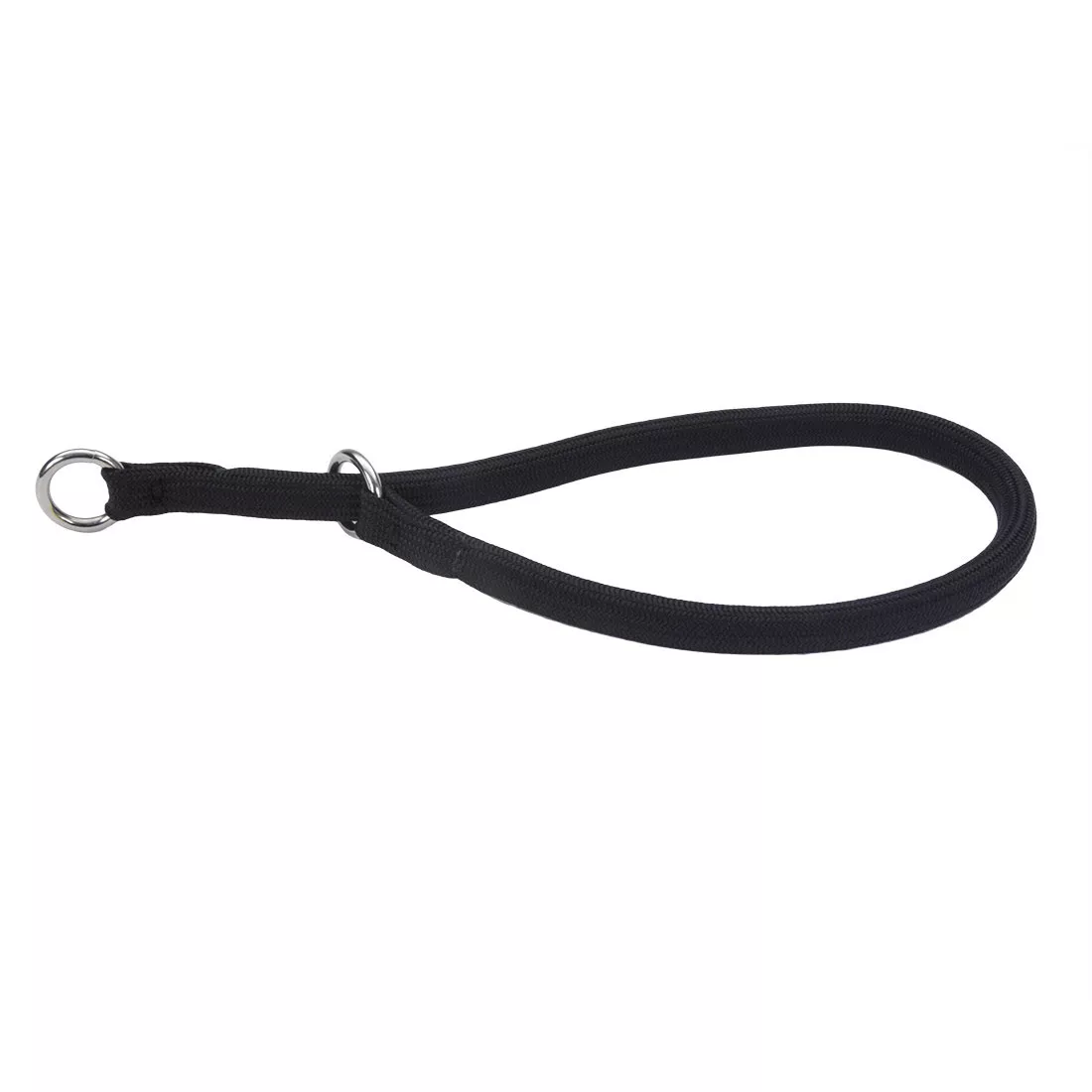 A product‑only image of a black round nylon dog training collar displayed against a white background. The collar is constructed from a thick, rope‑style nylon material with a smooth braided surface. One end features a silver‑tone metal O‑ring, and the opposite end includes a sliding black plastic stopper that allows the collar to tighten or loosen when in use. The collar is shown in a loose loop shape, highlighting the flexible rounded design.
