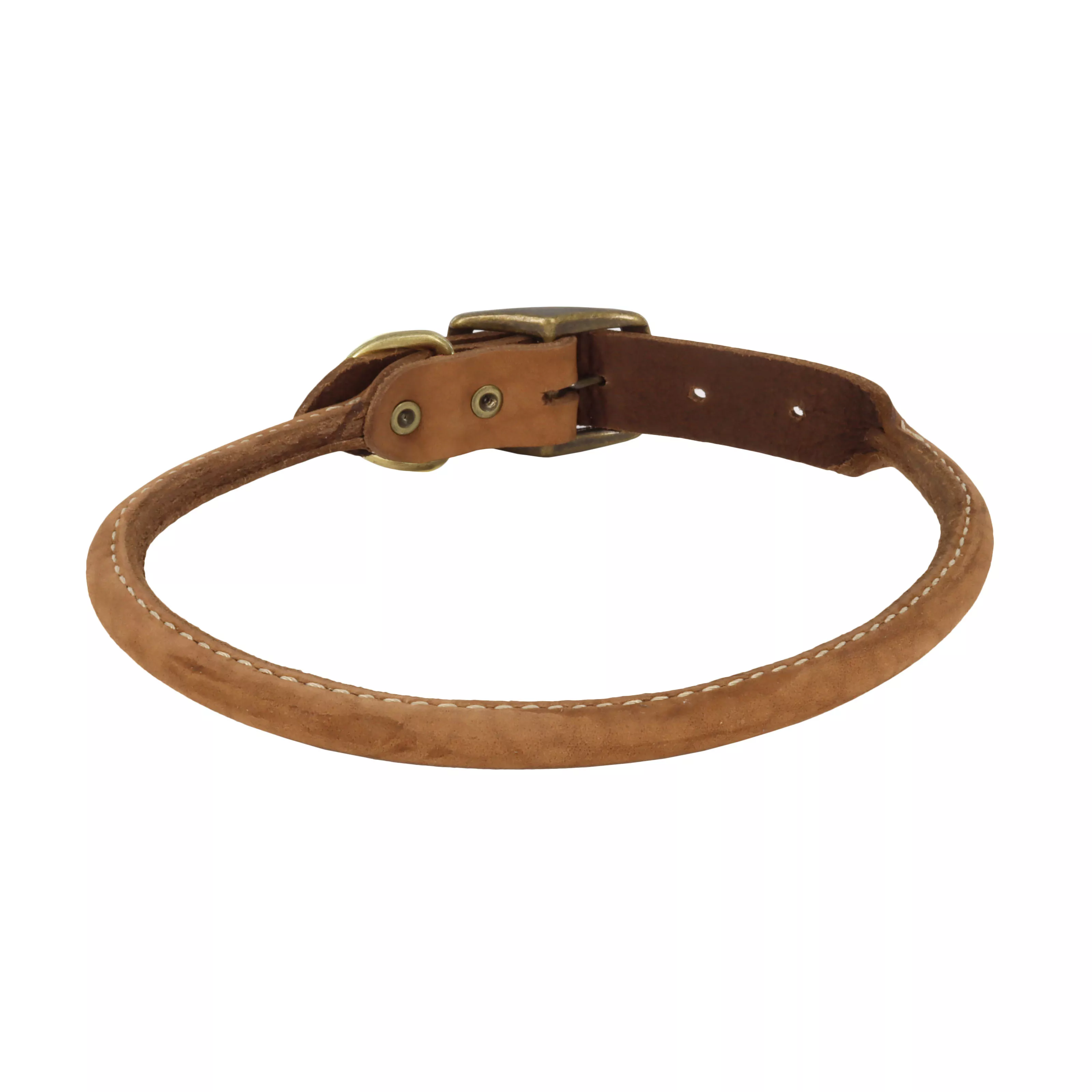 A product‑only image of the Circle T® Rustic Leather Round Dog Collar in Chocolate is shown centered on a white background. The collar features a cylindrical rounded leather body in a dark chocolate tone with subtle texture. The hardware panel includes contrast stitching, a brass‑colored buckle, and a matching D‑ring. The leather strap tapers smoothly into a pointed tip with adjustment holes.