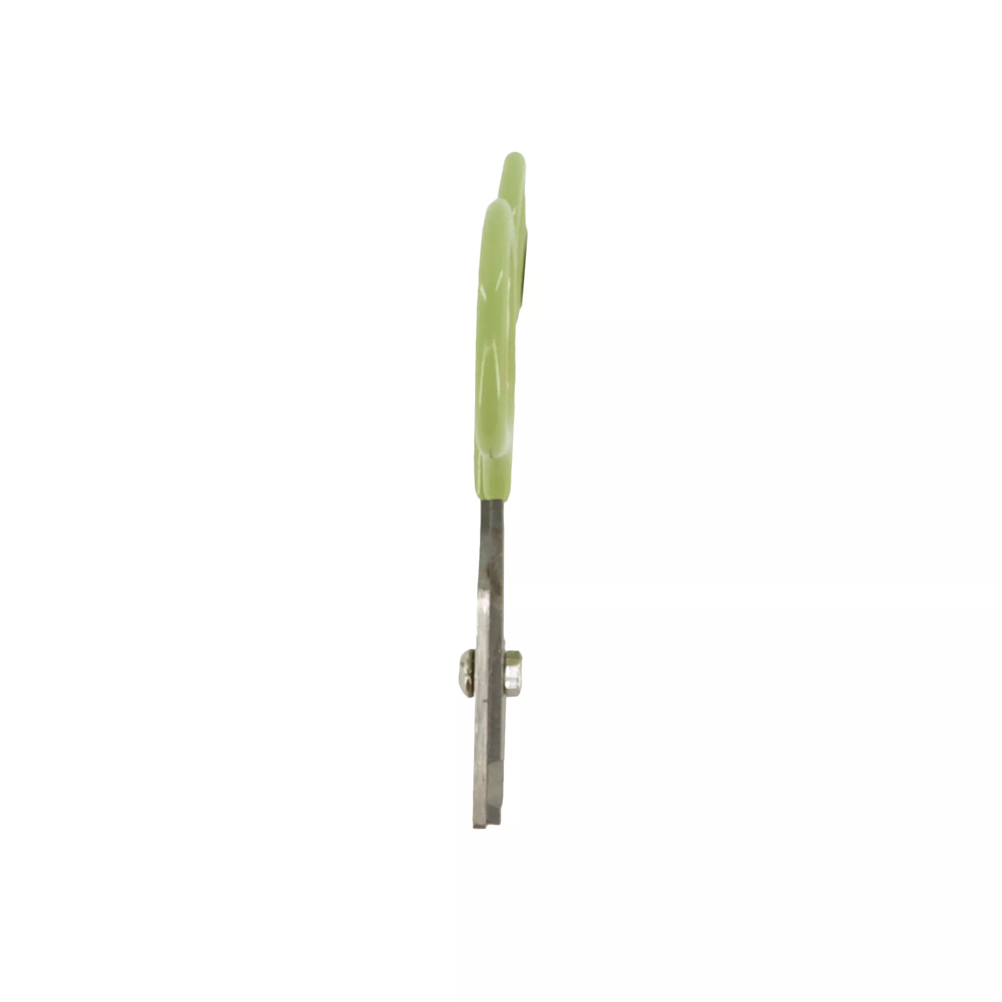 A pair of nail trimmers is shown in profile against a white background. The handles are pale green with darker green grip inserts visible inside the finger loops. The metal blades align at the front in a curved cutting shape, connected by a central pivot screw.