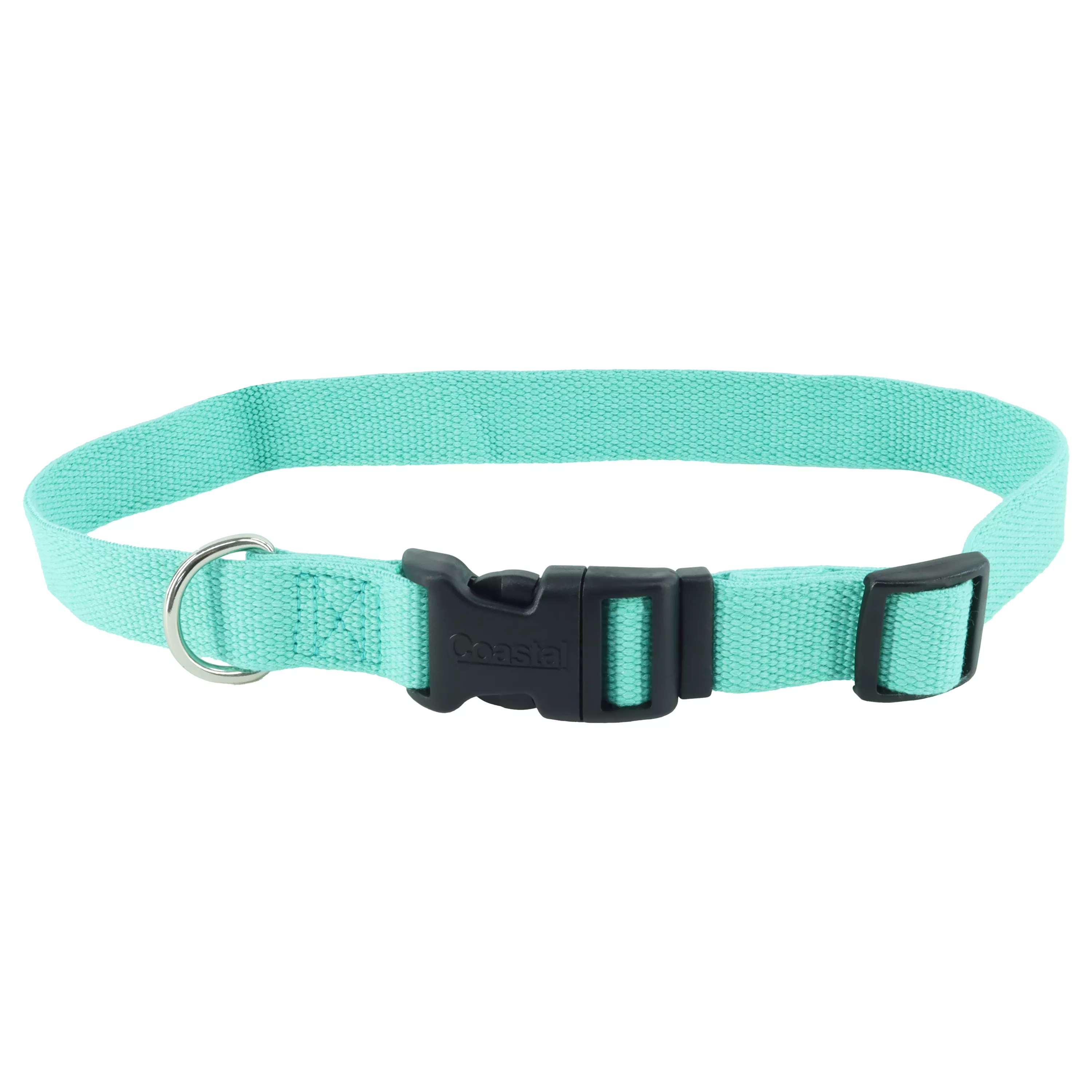 A New Earth® adjustable dog collar laid flat against a white background. The collar is mint green with a smooth woven texture, a black plastic side‑release buckle, and a silver‑tone metal adjustment slider.
