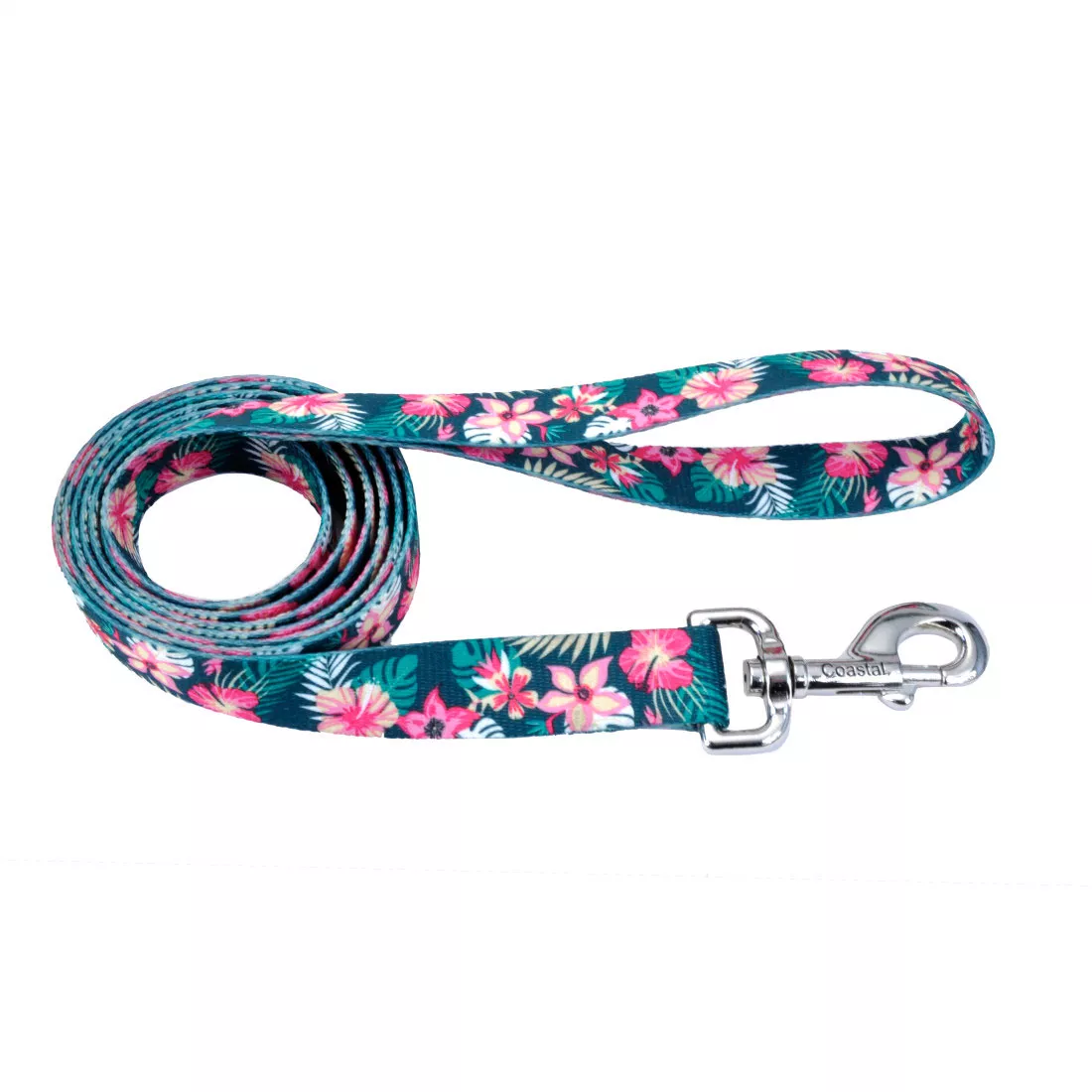 A product image of a dog leash displayed on a white background. The leash strap features a tropical floral pattern with pink and white flowers and green leaves. The handle loop is visible on one end, and the opposite end includes a silver metal swivel bolt snap. The leash is arranged in a loose coil to show its length and pattern.