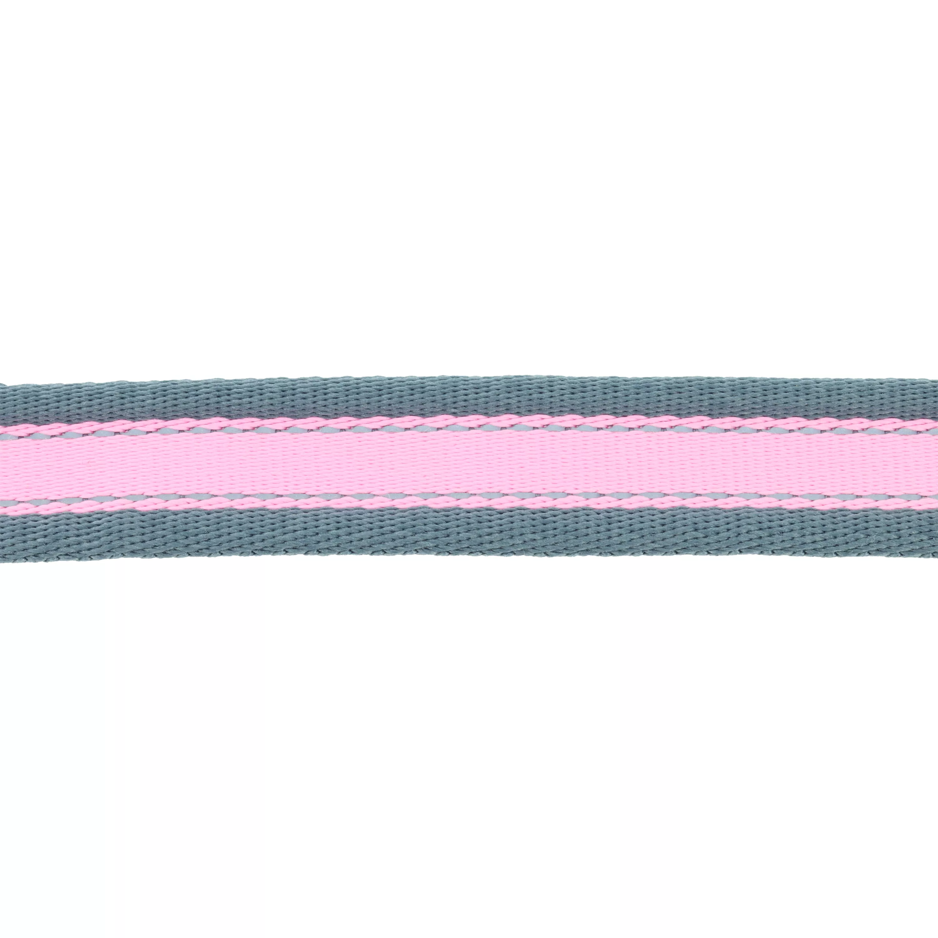 A close‑up strip of reflective material is displayed horizontally against a white background. The central woven band is bright pink. Along both sides of the pink band is a narrow gray edge binding. A line of reflective stitching runs parallel to each gray edge. The strip shows a flat, smooth textile surface with clearly defined pink and gray color sections.