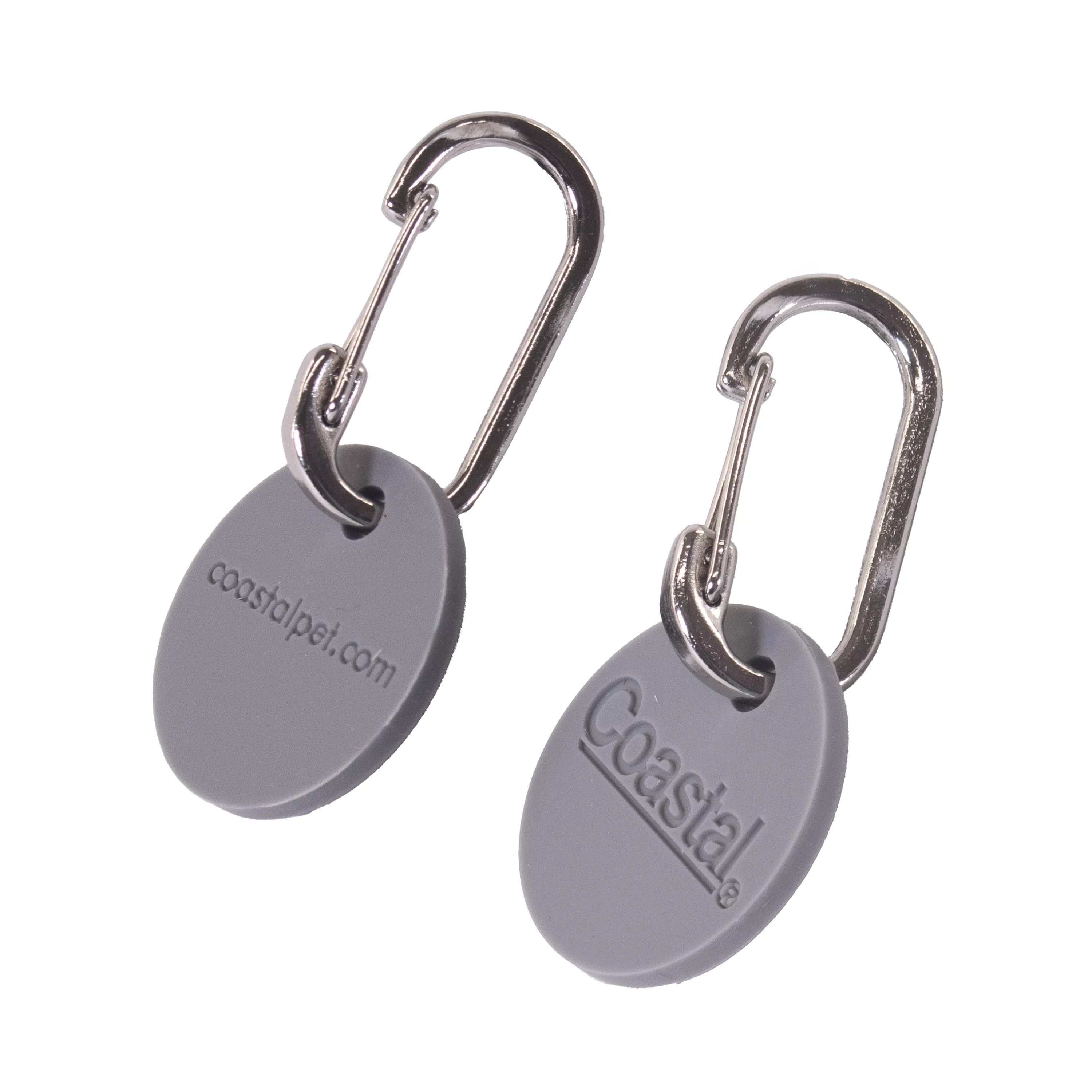 Two gray oval silicone tags engraved with “Coastal Pet" and "coastalpet.com" each attached to a silver clip, placed on a white background.