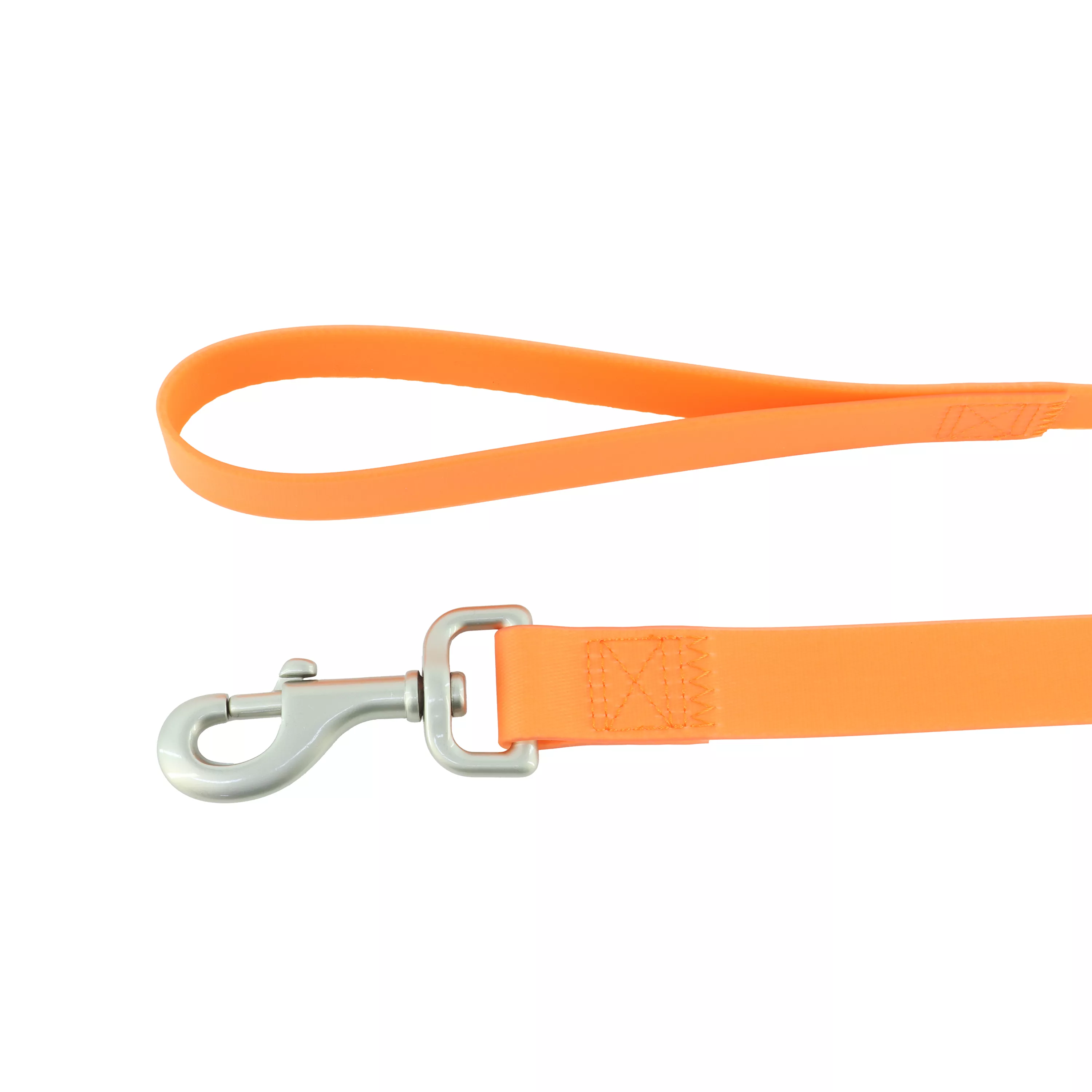 A product‑only photograph shows a waterproof dog leash laid flat against a solid white background. The leash is bright orange with a smooth, non‑fabric surface. A silver‑colored metal swivel clip is visible at one end, and the handle loop is visible at the other end.