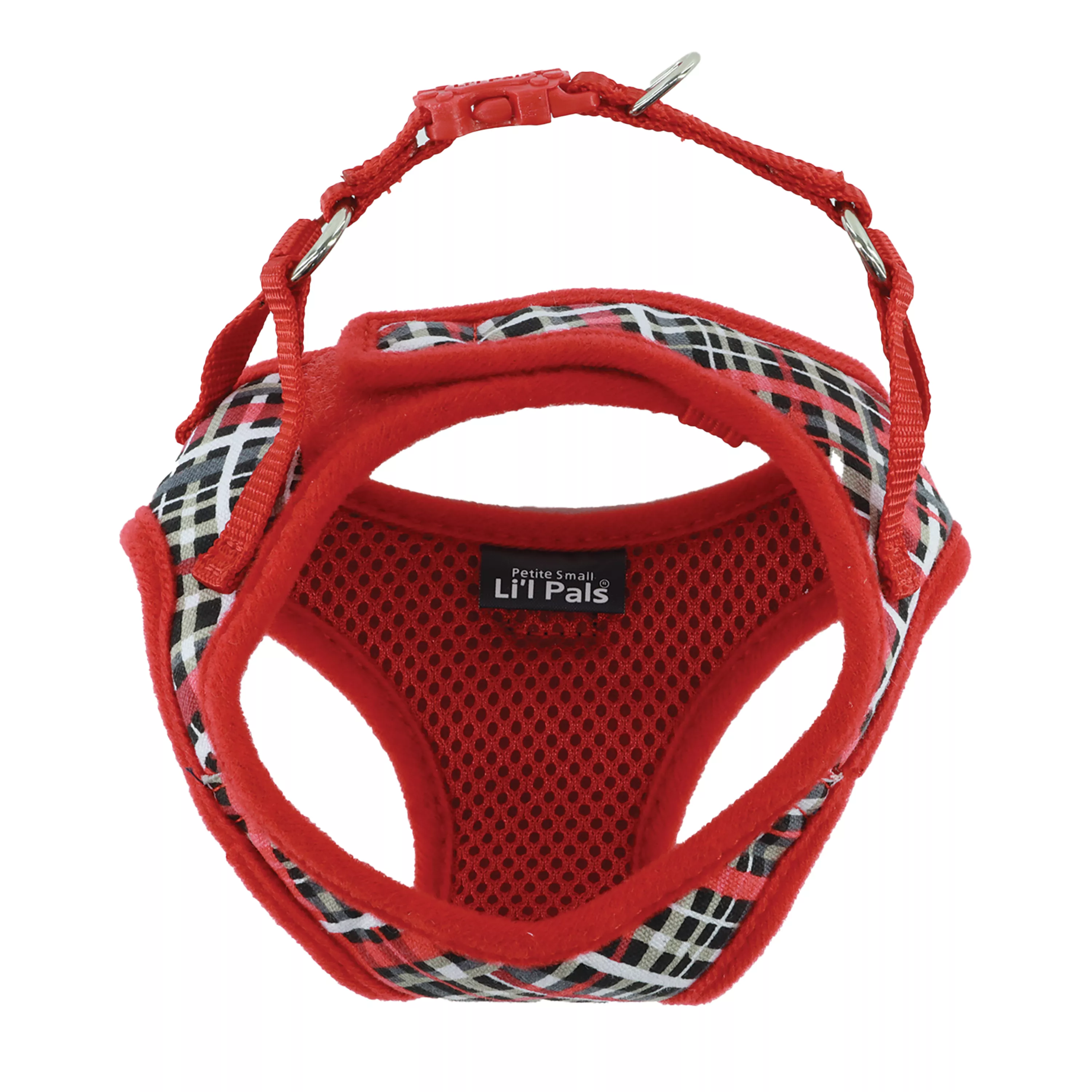 Product image of the Li'l Pals Canvas Dog Harness in Red and Grey Plaid, shown upright on a white background. The harness includes a red canvas border with a plaid chest panel, breathable black mesh lining, black plastic buckles, and a sturdy silver D‑ring positioned at the top for leash attachment.