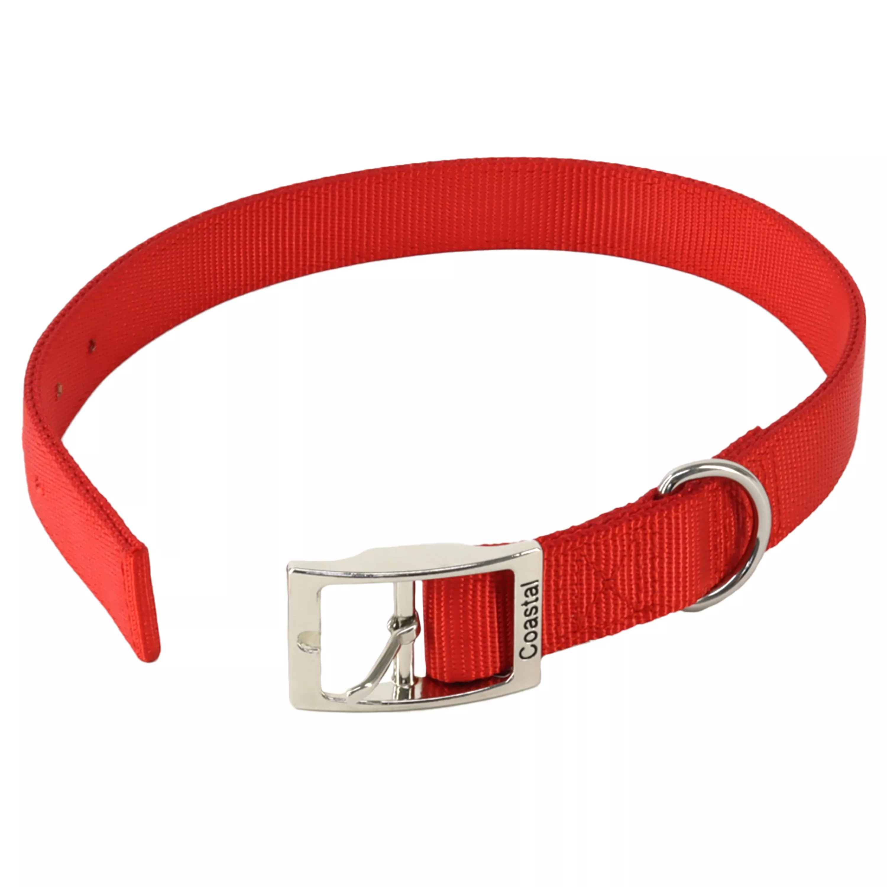 A product‑only image of a red double‑ply dog collar presented at an angle against a white background. The woven nylon strap has a heavy, ribbed construction with stitched edges. A silver‑tone metal buckle and a silver‑tone metal D‑ring are attached at the front of the collar, and the strap extends outward with sizing holes visible.