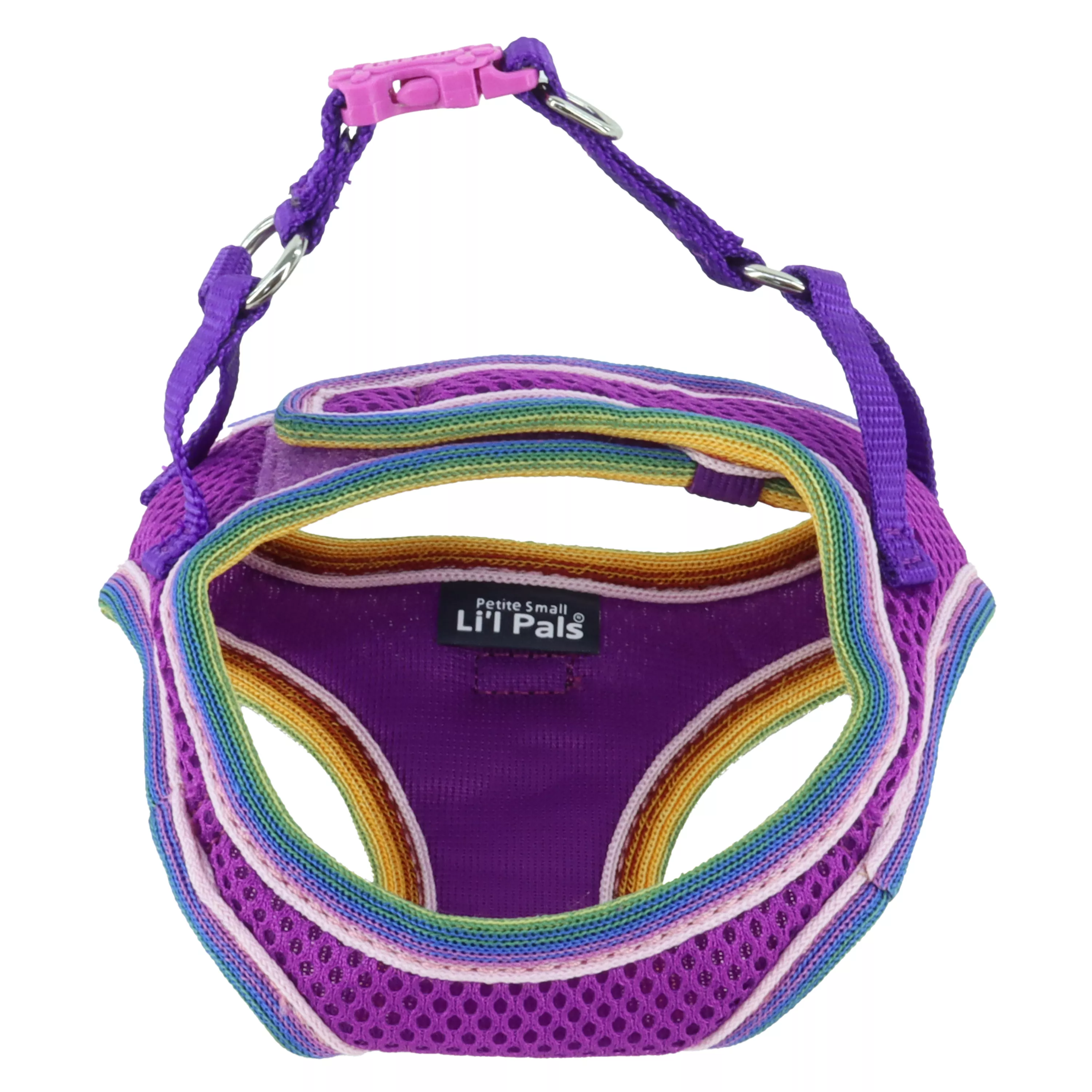 Product image of the Li'l Pals Comfort Mesh Dog Harness in Orchid, displayed from a top‑down perspective on a white background. The harness includes orchid‑purple mesh material with bright yellow trim, black plastic buckles, reinforced seams, and a silver metal D‑ring positioned on the back strap for secure leash connection.