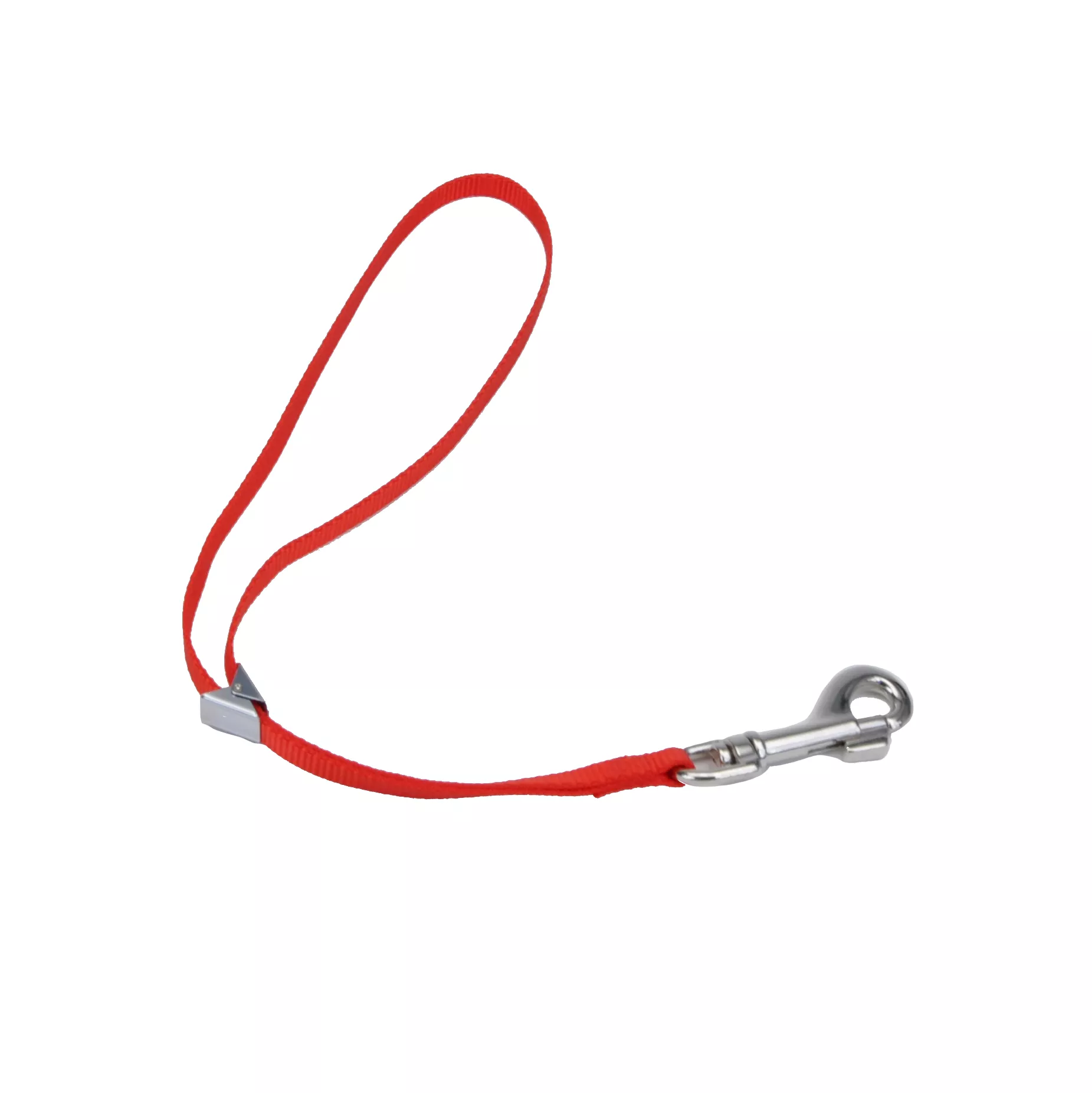 A single red dog‑grooming loop made of woven lies coiled against a white background. The loop forms an elongated oval shape with one end threaded through a small, silver‑metal slide adjuster that allows the size of the loop to be tightened or loosened. At the opposite end, a silver-colored metal swivel snap is attached, featuring a smooth, reflective finish and a rounded spring clip designed to attach securely to grooming arms or equipment. The strap has a consistent, bright red color and a flat, flexible texture typical of durable grooming restraints.