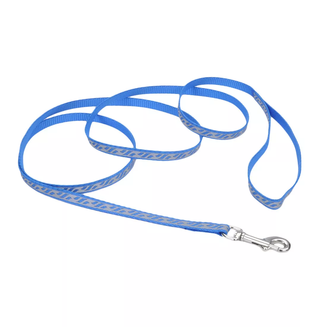 A blue reflective dog leash is shown coiled on a white background. The strap consists of blue woven webbing topped with a light‑gray reflective strip cut into an open geometric pattern. A silver metal swivel snap is attached at one end with reinforced stitching.