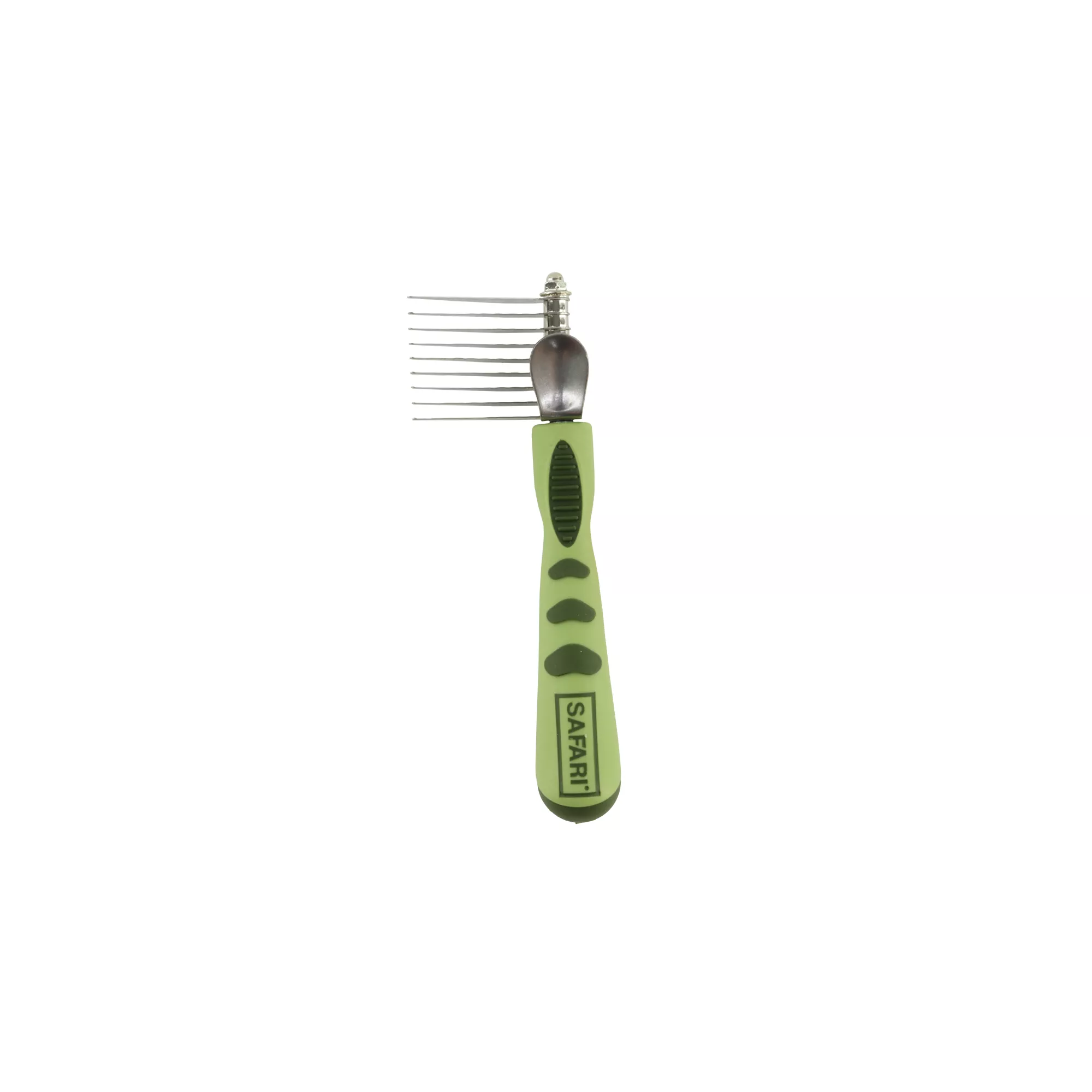 A dog de‑matting comb shown upright on a white background. The comb head features several curved stainless‑steel blades attached to a metal housing. The handle is vertically oriented, made of light green plastic with darker green textured grip sections running down the front. The lower portion of the handle displays the printed text “SAFARI®” in dark green.
