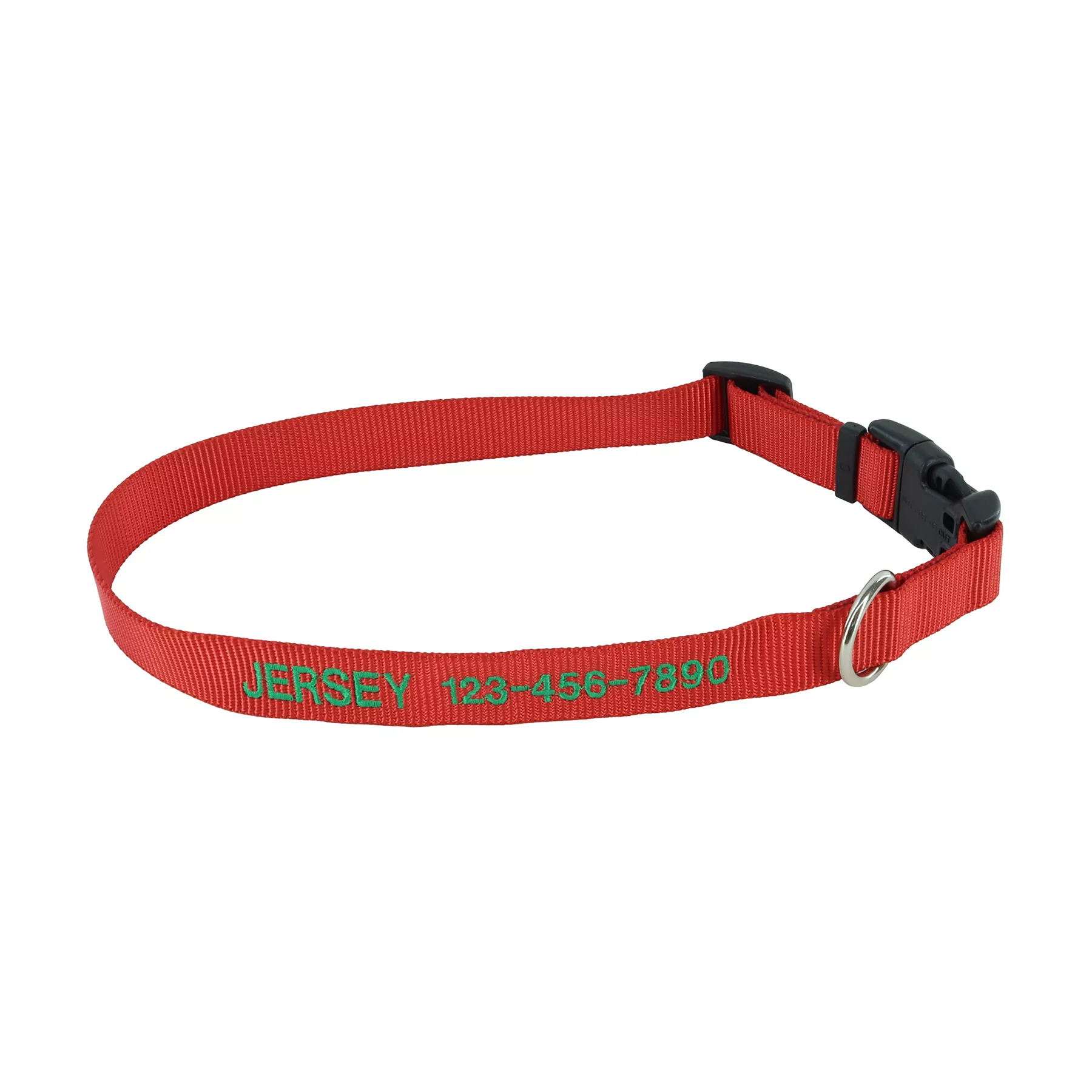 A product‑only image of a red adjustable dog collar shown against a white background. The woven nylon strap has a ribbed texture and contains printed text that reads “JERSEY 123-456-7890” in alternating green lettering. The collar features a black plastic side‑release buckle, a black plastic adjustment slider, and a silver‑tone metal D‑ring attached with reinforced stitching.