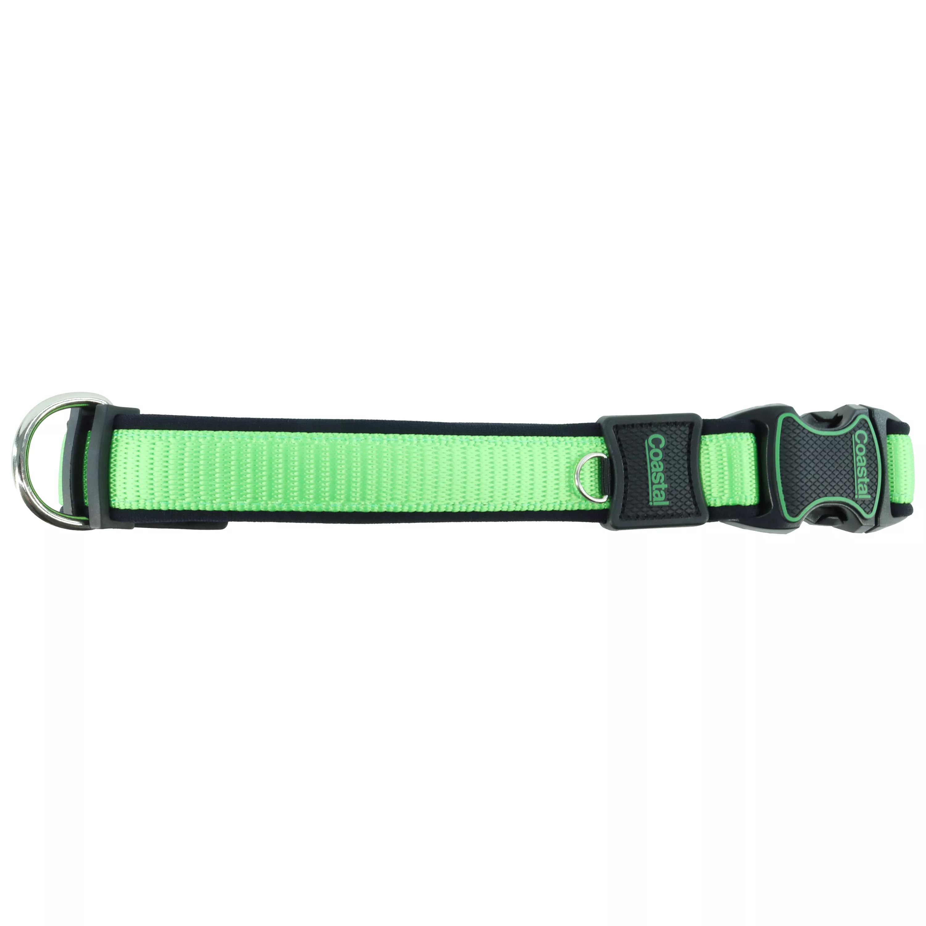 A green adjustable dog collar lies against a white background. The collar has a green woven strap outlined with black trim and a black padded underside. A black plastic side‑release buckle connects the collar ends. A small silver metal ring near the buckle is intended for attaching ID tags. A floating silver D‑ring is positioned along the strap. A black plastic adjustment slider is integrated into the design.