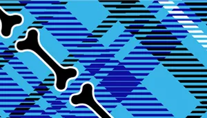 A swatch featuring a bold, modern plaid pattern in shades of blue and black. Thick and thin diagonal stripes in sky blue, navy, and turquoise intersect with black grid lines. Scattered among the plaid are small black dog‑bone silhouettes outlined in white. The pattern is layered, angular, and high‑contrast with a graphic, contemporary aesthetic.