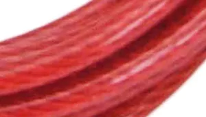 A swatch showing a close‑up of a heavy twisted cable in red. The cable strands are tightly braided with a textured surface and glossy finish.