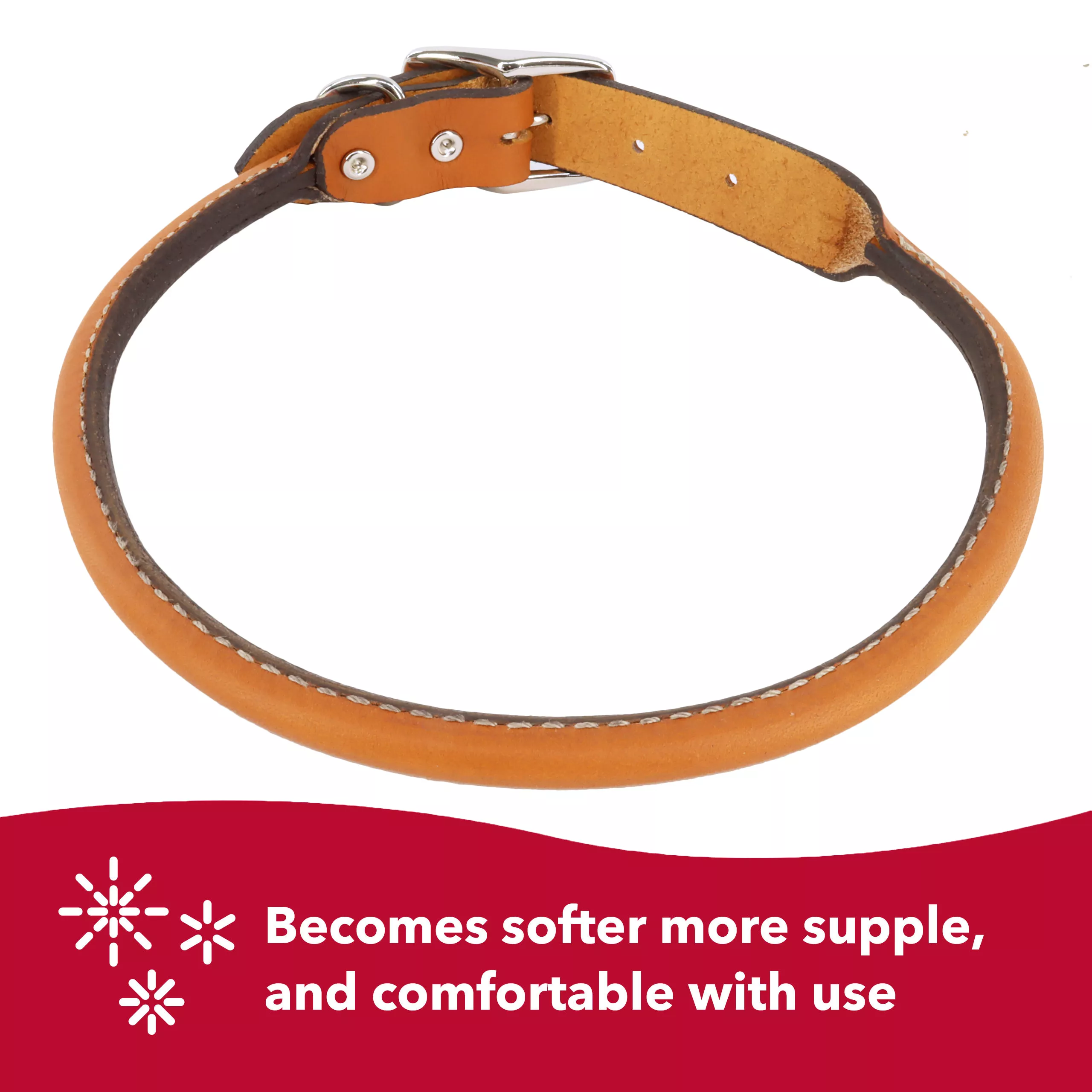 A product‑only image of the Circle T® Oak Tanned Leather Round Dog Collar is displayed against a white background. The collar is crafted from smooth, light‑tan oak‑tanned leather shaped into a rounded profile. The buckle section transitions to a flat, reinforced leather panel stitched with tan thread. A silver‑metal buckle and matching D‑ring attach securely to the reinforced area. A red banner along the bottom contains white text reading “Becomes softer more supple, and comfortable with use” next to a white sparkle icon.