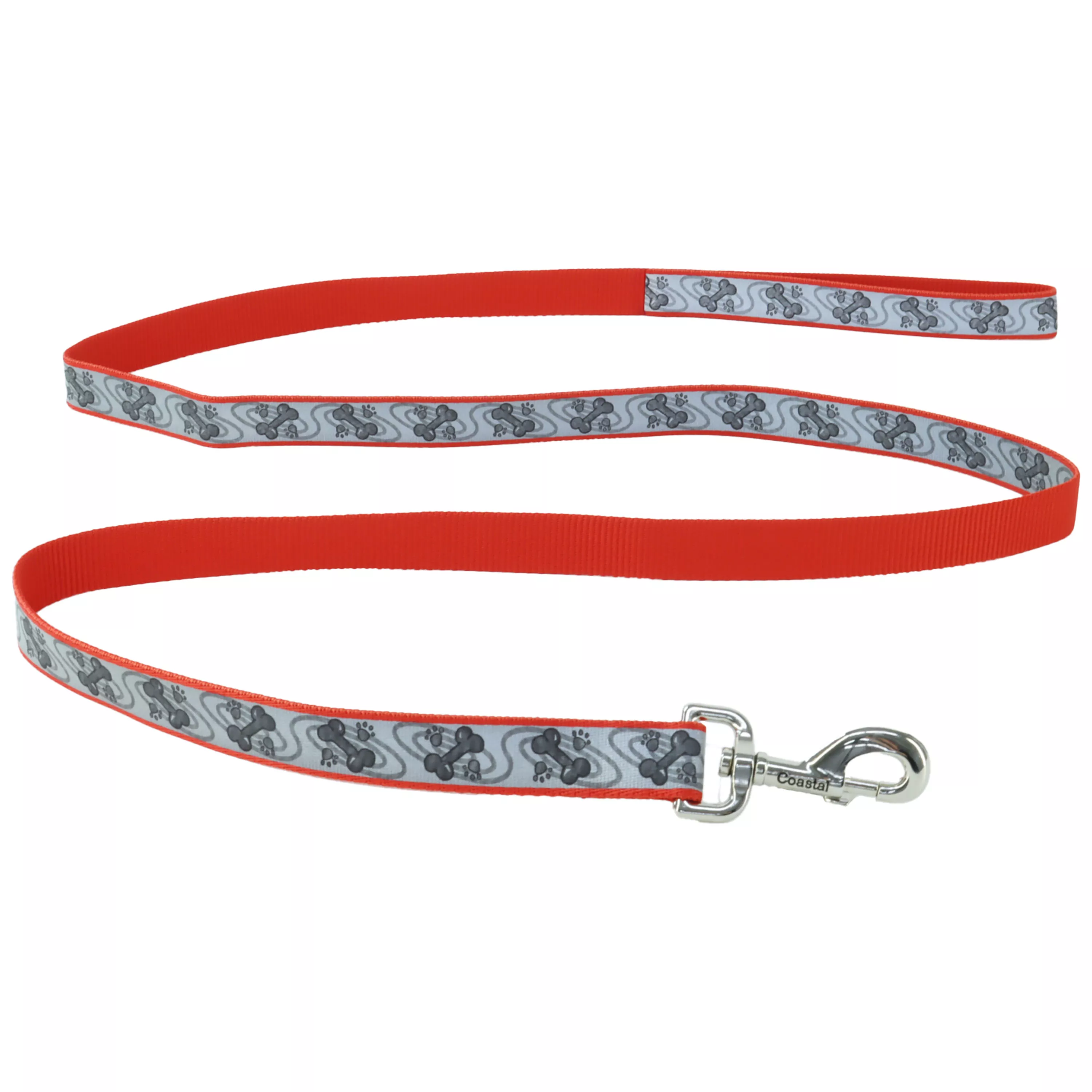 A red reflective dog leash is coiled on a white background. The strap consists of red webbing with a light‑gray reflective strip featuring laser‑etched paw‑print and bone shapes. A silver swivel snap is attached at one end through a reinforced seal.