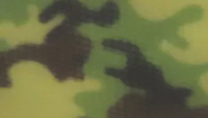A swatch featuring a soft‑focus camouflage pattern with layered patches of medium green, dark green, muted brown, and charcoal. The edges of each shape blend slightly, giving the swatch a diffused and naturalistic camo look with a printed matte finish.