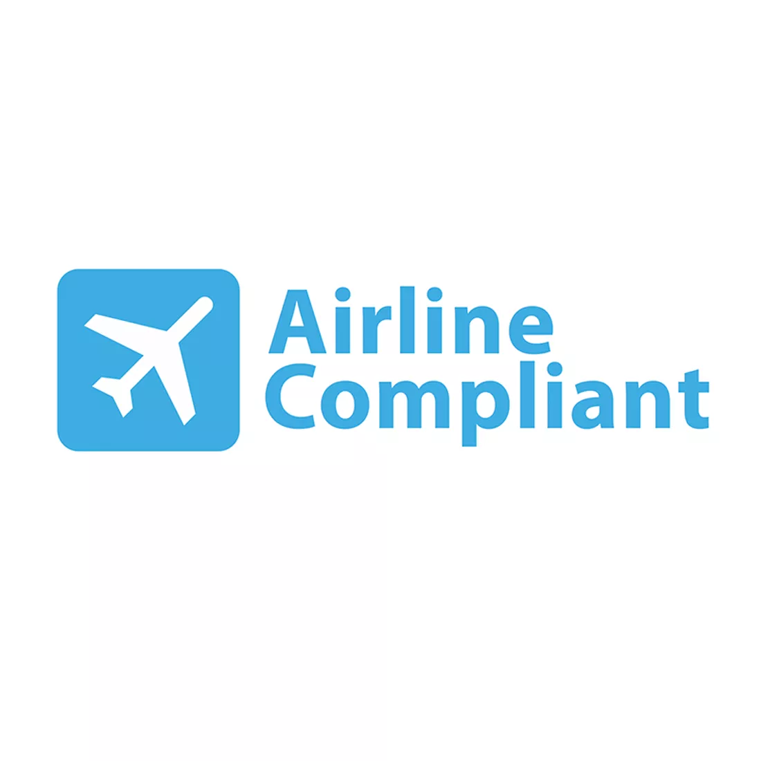 A blue square icon containing a white silhouette of an airplane is positioned to the left of the words “Airline Compliant.” The text is set in a clean, sans‑serif font and appears in the same shade of light blue as the icon. The design sits centered against a plain white background, creating a simple, modern compliance badge often used to indicate approval for airline travel standards.