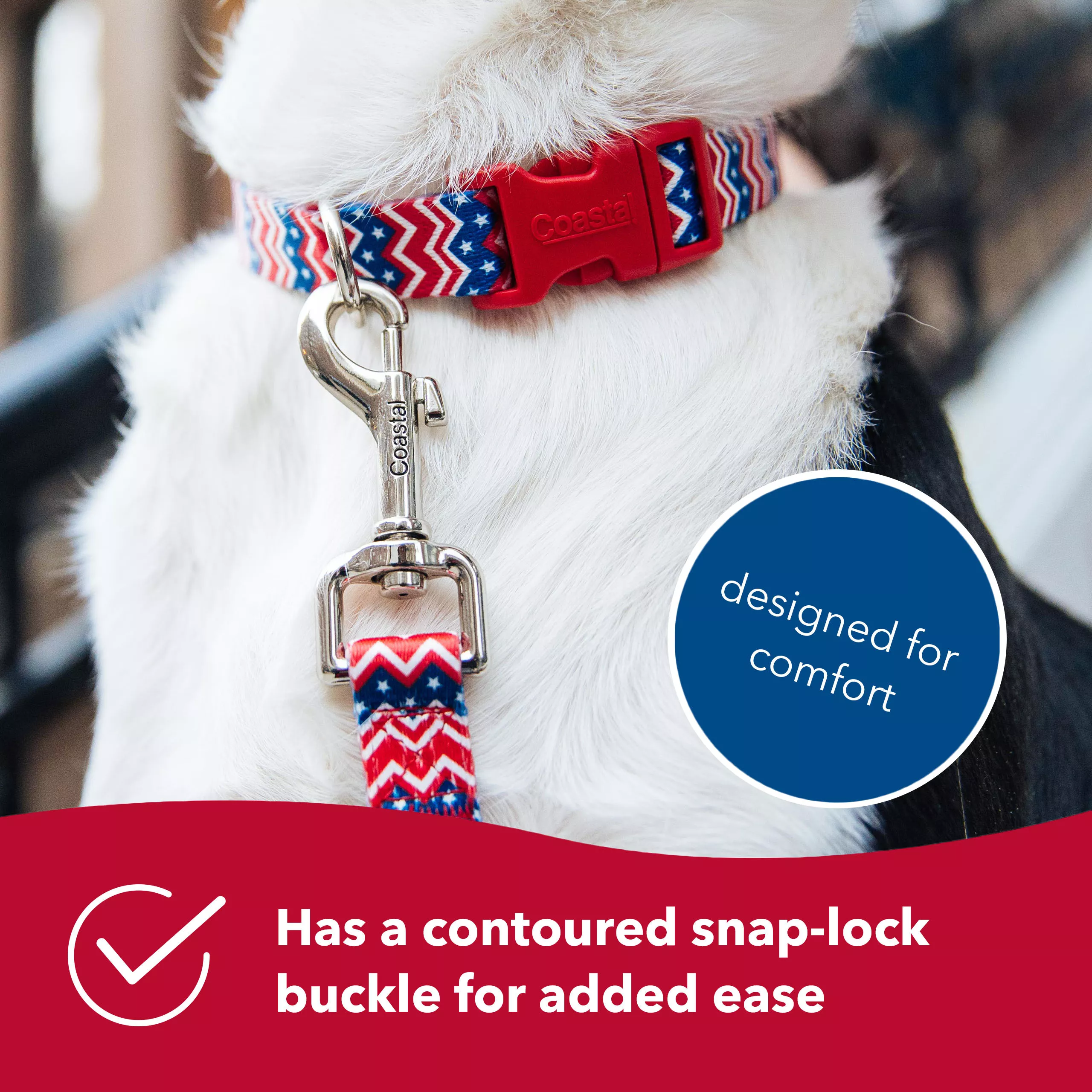 A lifestyle image of a dog wearing a red, white, and blue chevron‑and‑stars adjustable collar and leash set. The collar features a bold zigzag pattern with small white stars, and the buckle is red plastic. A silver metal D‑ring and leash clip are visible. A circular blue graphic near the right side contains the printed text “designed for comfort.” A red banner along the bottom displays a white checkmark icon and the printed text “Has a contoured snap‑lock buckle for added ease.” The dog has white fur on the chest and black fur on the head.