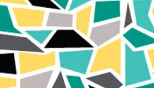 A swatch displays patterned fabric in a Teal Yellow Grey Stained Glass design. The pattern consists of irregular geometric shapes resembling stained glass, outlined in white. The shapes are filled with teal, yellow, gray, black, and cream colors. The surface appears smooth and tightly woven.