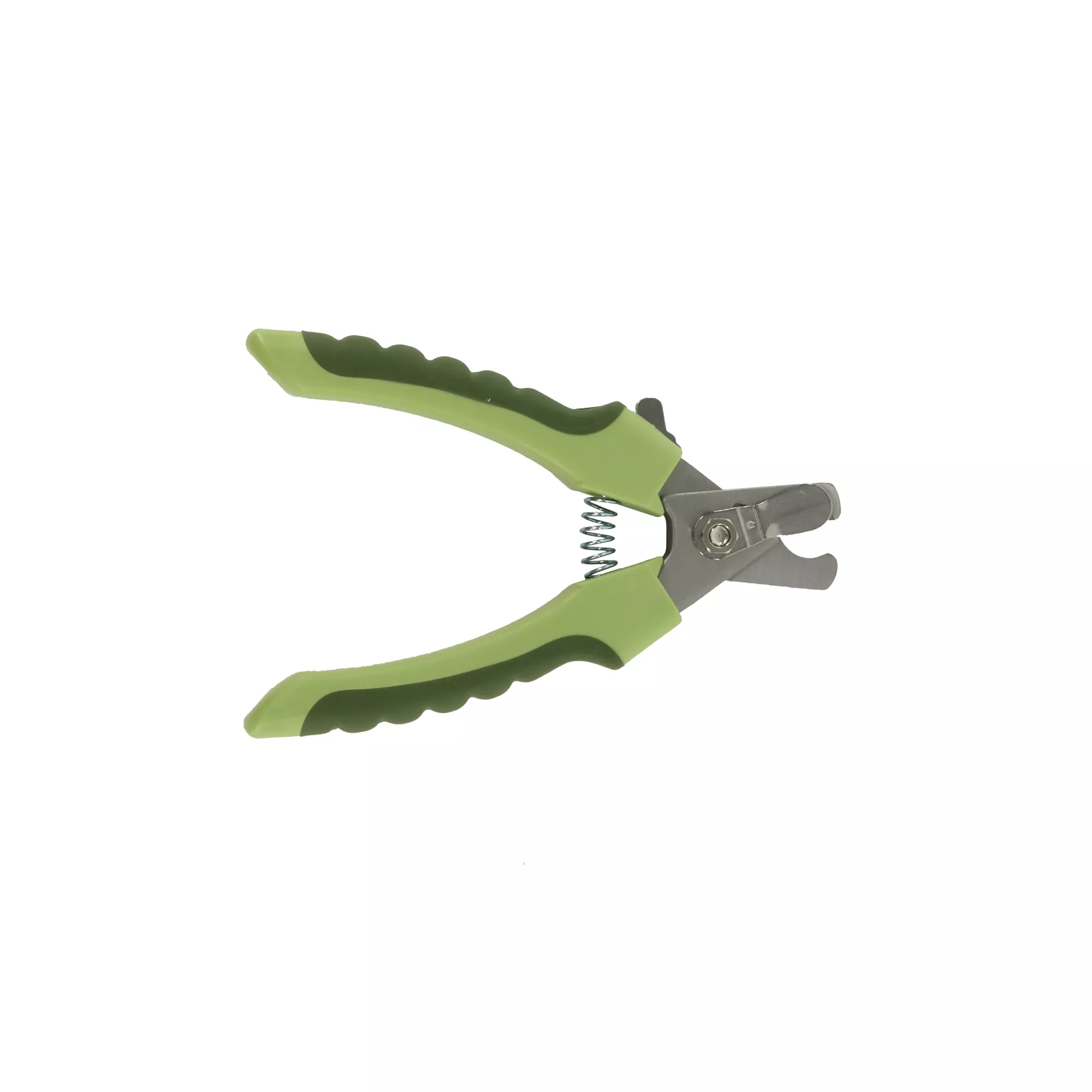 A professional dog nail trimmer shown from a three‑quarter top‑down angle on a white background. The silver cutting blades are open, forming a semicircle. The contoured light green plastic handles include darker green rubber grip inserts. The metal spring mechanism is visible between the handle arms.