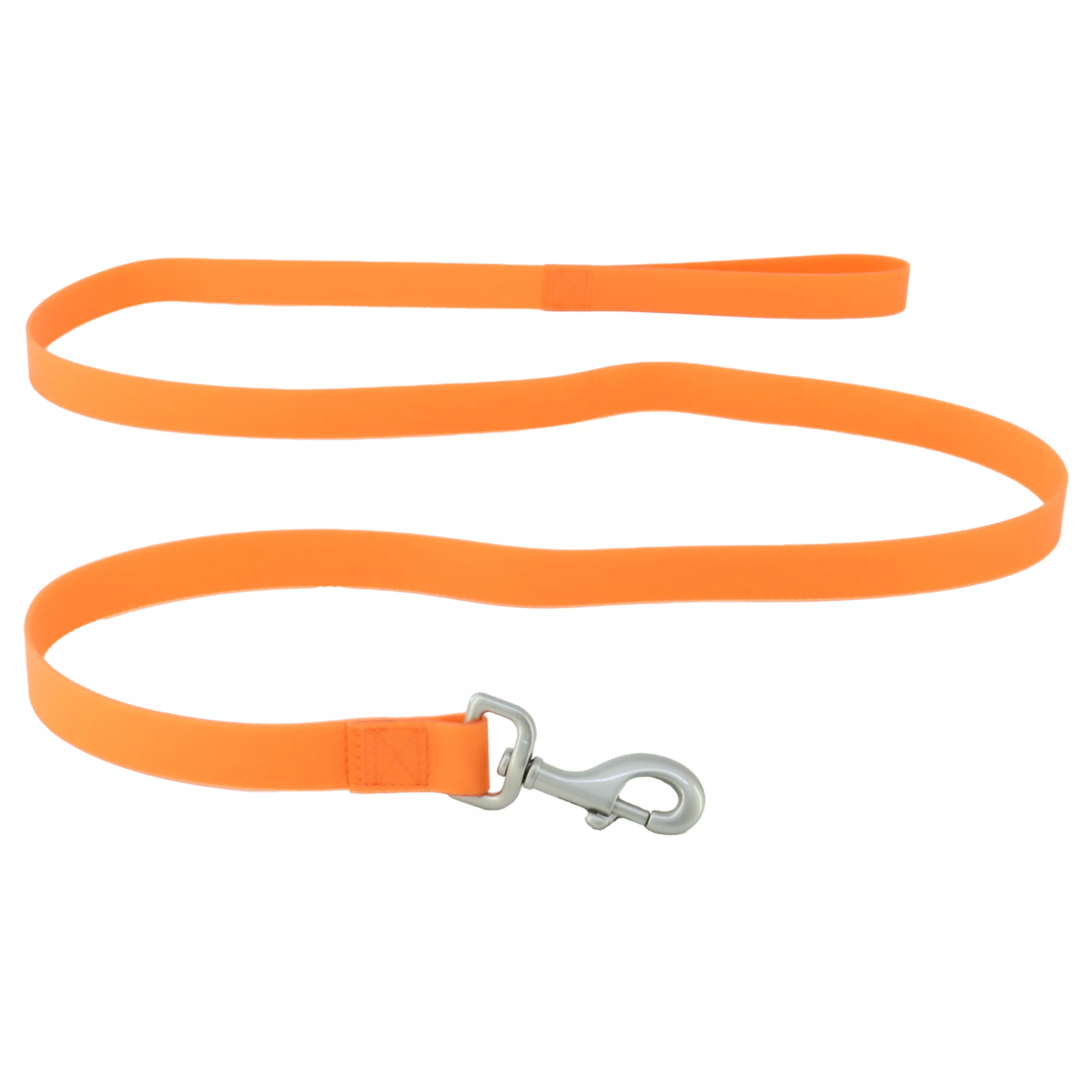 A waterproof dog leash displayed coiled on a white background. The leash is solid bright orange with a smooth, non‑woven finish. A silver‑tone metal clip is attached at one end, and a looped handle is visible at the other end.