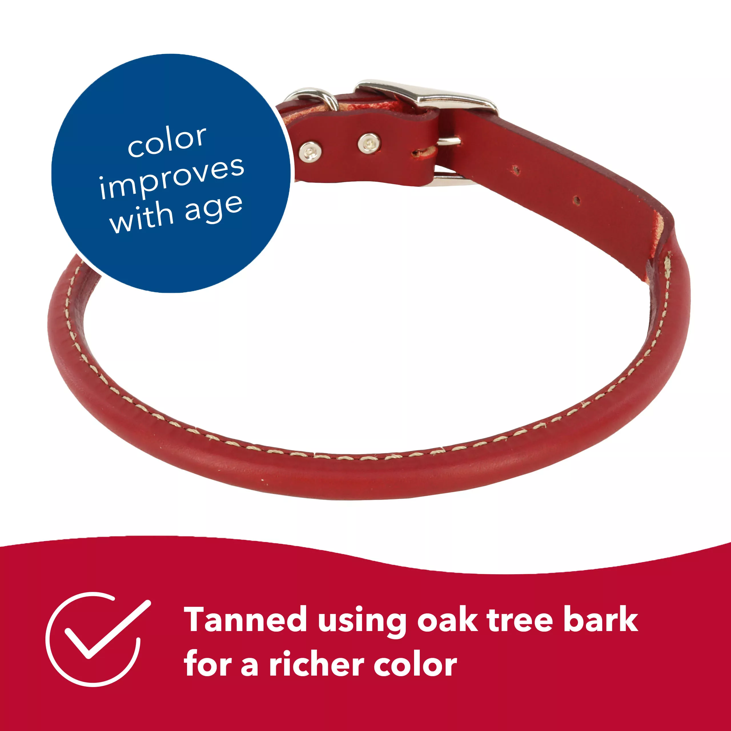 A product‑only image of the Circle T® Oak Tanned Leather Round Dog Collar in a deeper reddish‑tan color sits against a white background. The collar features rounded leather construction, smooth polished edges, and a flat buckle section with contrast stitching. A blue circular badge contains the white text “color improves with age”, while a red banner underneath reads “Tanned using oak tree bark for a richer color” with a checkmark icon.
