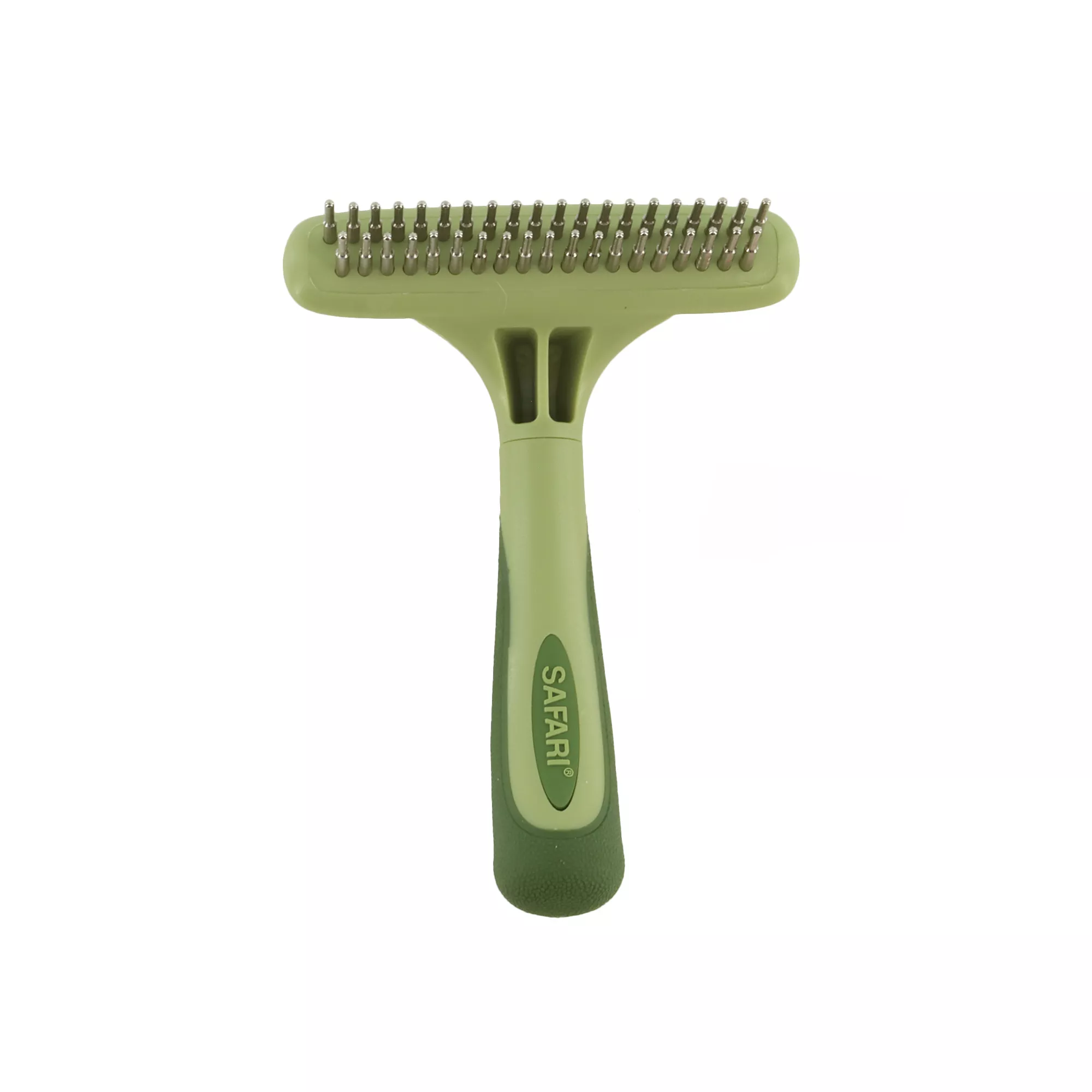 A dog double row undercoat rake with rotating pins displayed on a white background. The tool has a light green handle with darker green grip accents and a wide rectangular head with two parallel rows of metal pins.