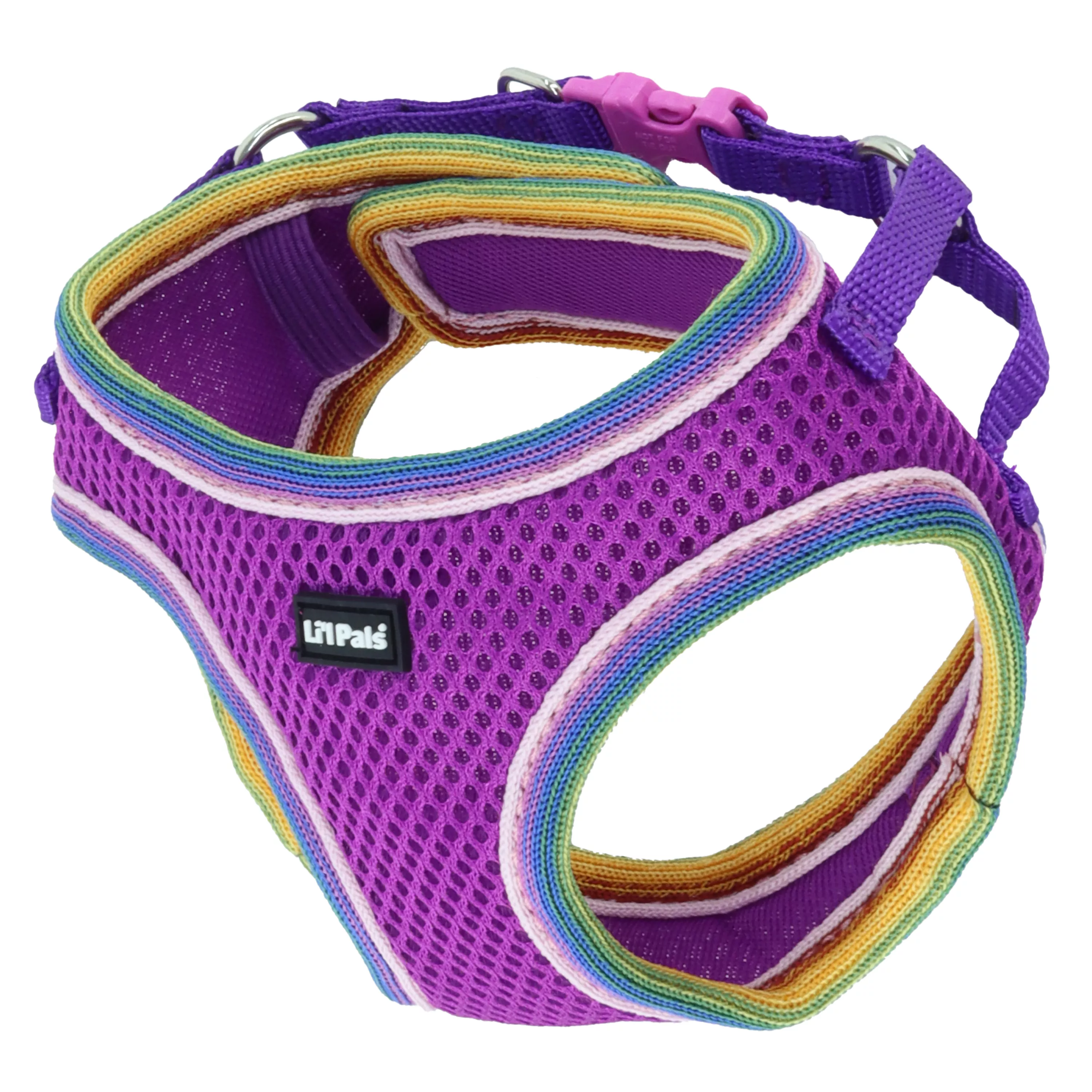Product image of the Li'l Pals Comfort Mesh Dog Harness in Orchid, displayed on a white background. The harness features a bright orchid‑purple mesh body with yellow trim and breathable mesh panels. It has reinforced stitching, a soft padded neckline, and a top strap equipped with a silver metal D‑ring and black plastic buckle for leash attachment. The step‑in design shows wide arm openings and a lightweight structure.