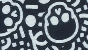 A swatch featuring a repeating skull‑themed pattern in black and white. The background is solid black, covered with stylized white skulls outlined with decorative linework. The design includes small bone shapes and circular accents interspersed between the skull motifs, creating a dense, high‑contrast pattern.