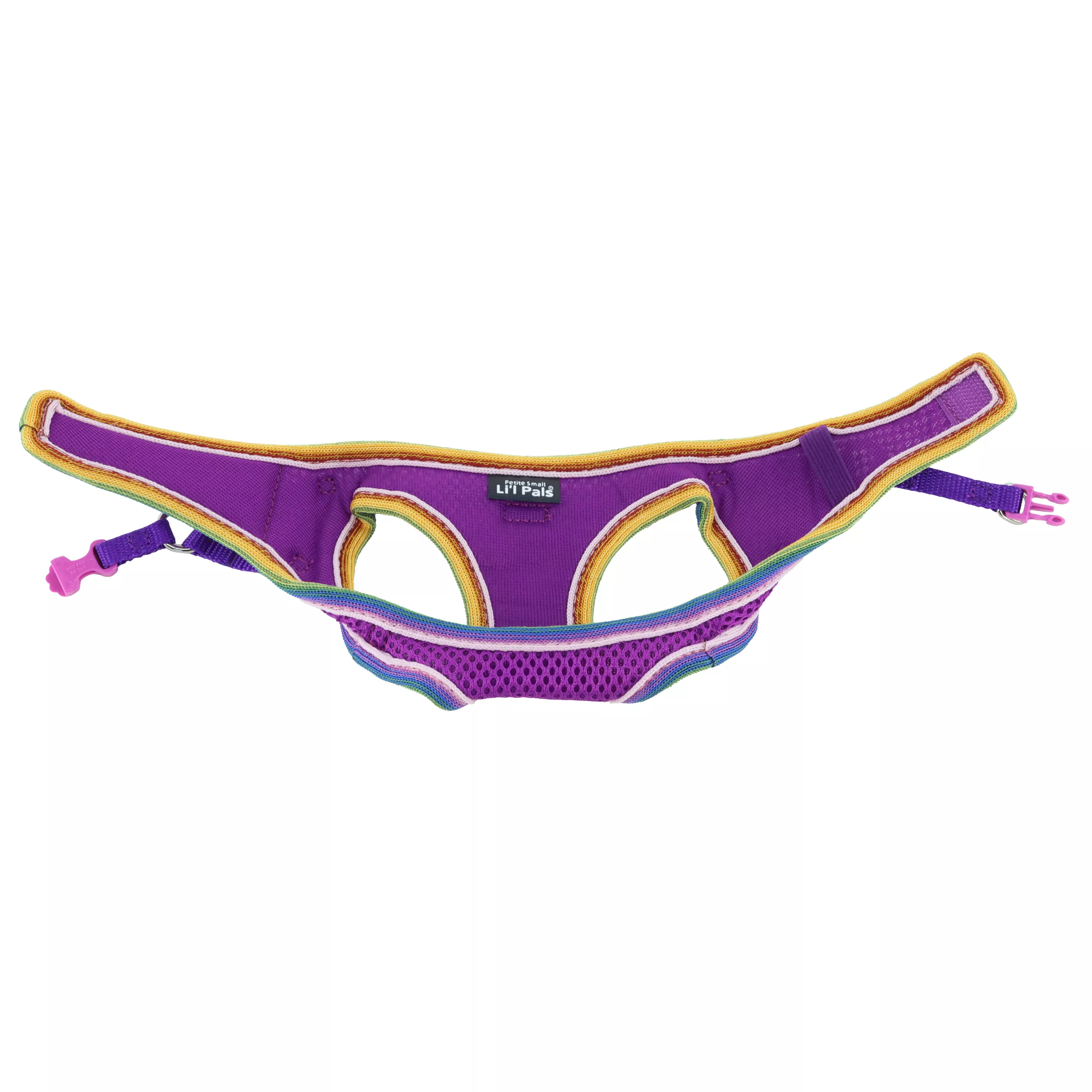 Product image of the Li'l Pals Comfort Mesh Dog Harness in Orchid shown laid flat horizontally on a white background. The harness features orchid‑purple mesh with yellow edging, a padded chest panel, side adjustment straps with black plastic buckles, and a silver D‑ring for attaching a leash. The interior mesh and streamlined design are clearly visible.