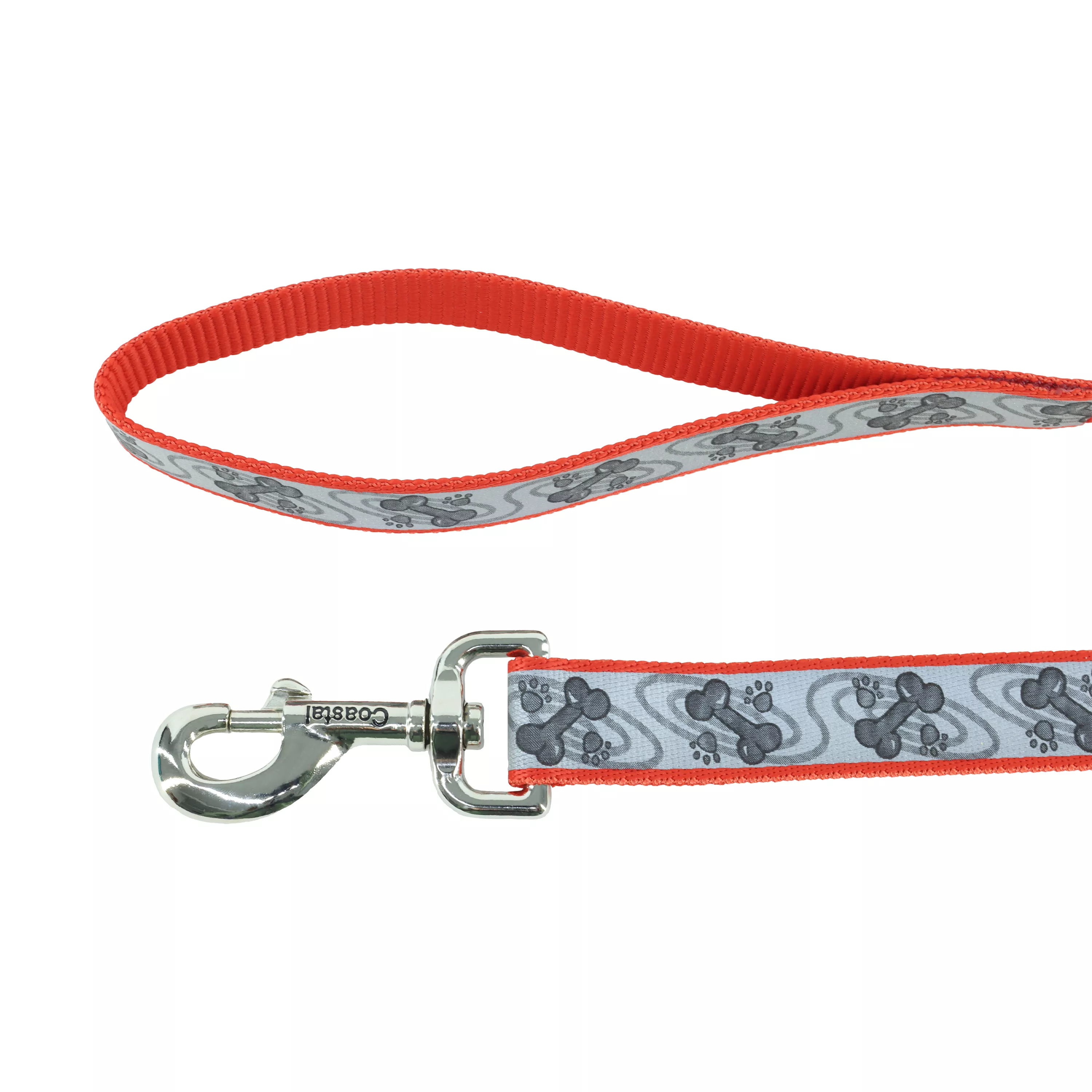 A reflective dog leash is displayed against a white background. The strap features a light‑gray reflective surface with a repeating laser‑etched swirl pattern and red webbing along the edges. A silver metal swivel snap is attached at one end with a reinforced seal.