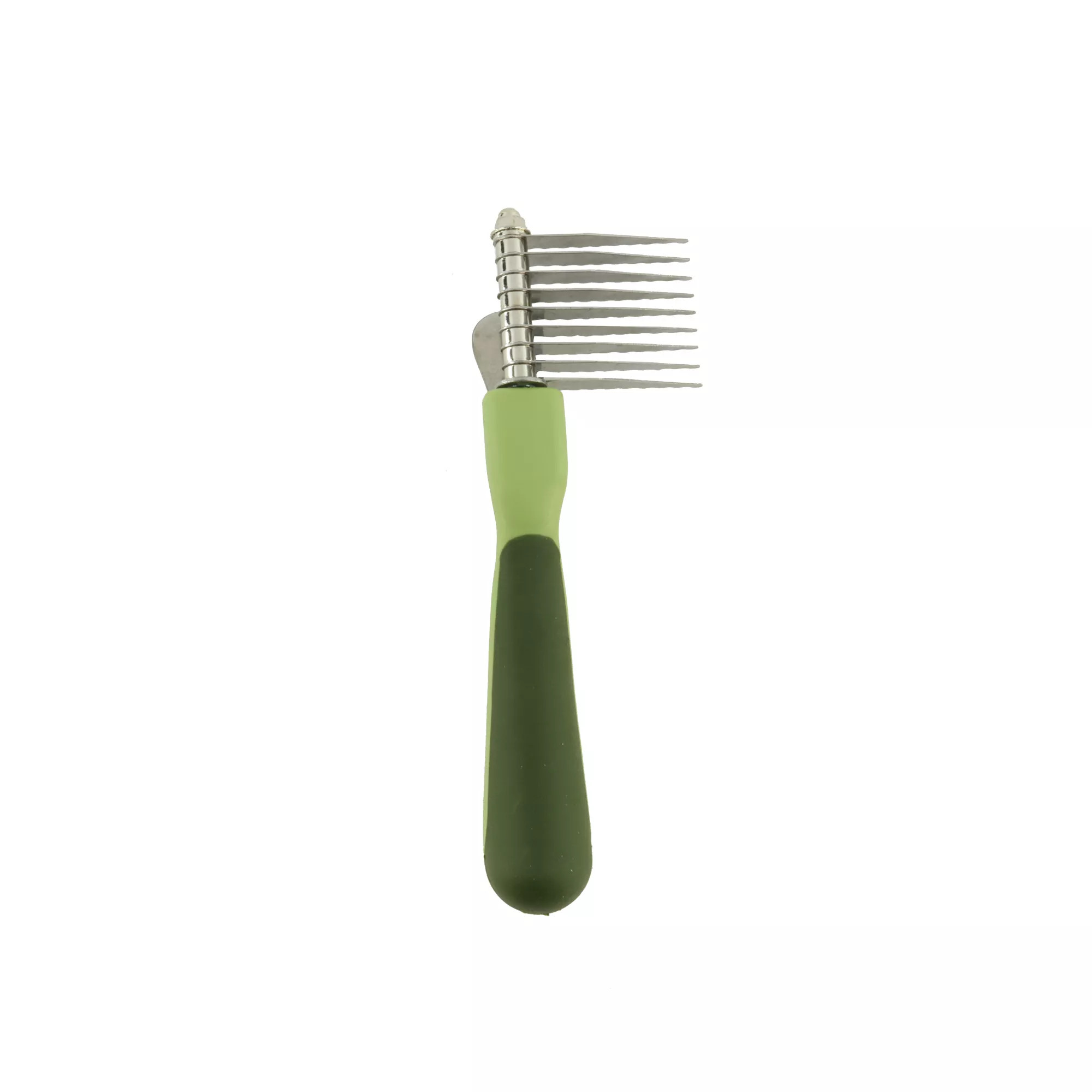 A dog de‑matting comb displayed on a white background from a straight‑on rear view. The metal blade assembly is positioned at the top, with the curved stainless‑steel blades extending outward. The handle is narrow at the top and wider toward the base. It is light green with darker green grip sections aligned vertically along the center.