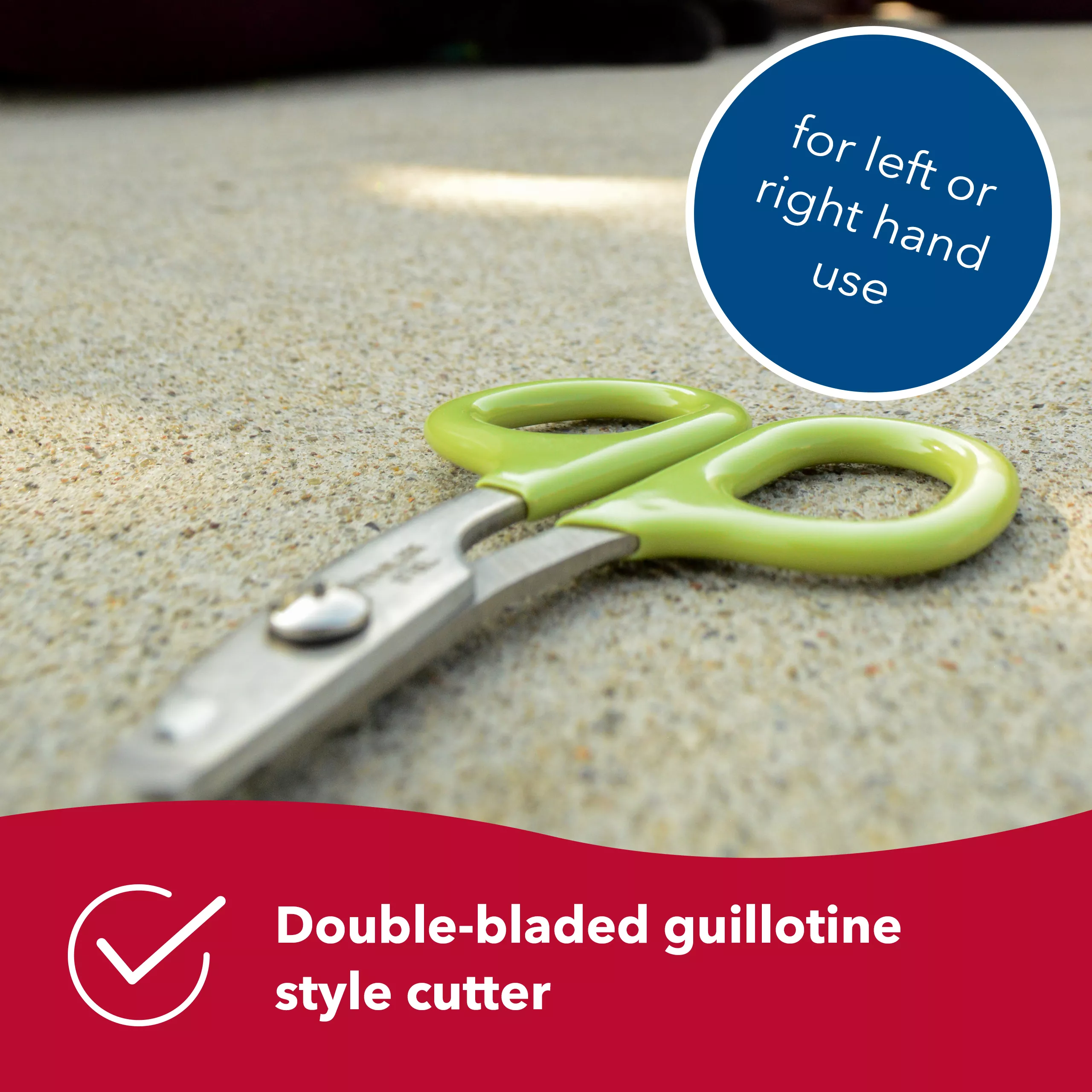 A pale green nail trimmer lies on a textured outdoor surface. The tool has curved handles with darker green grip inserts and short metal cutting blades. A circular graphic contains text that reads "for left or right hand use." A red banner at the bottom contains white text reading “Double‑bladed guillotine style cutter.”