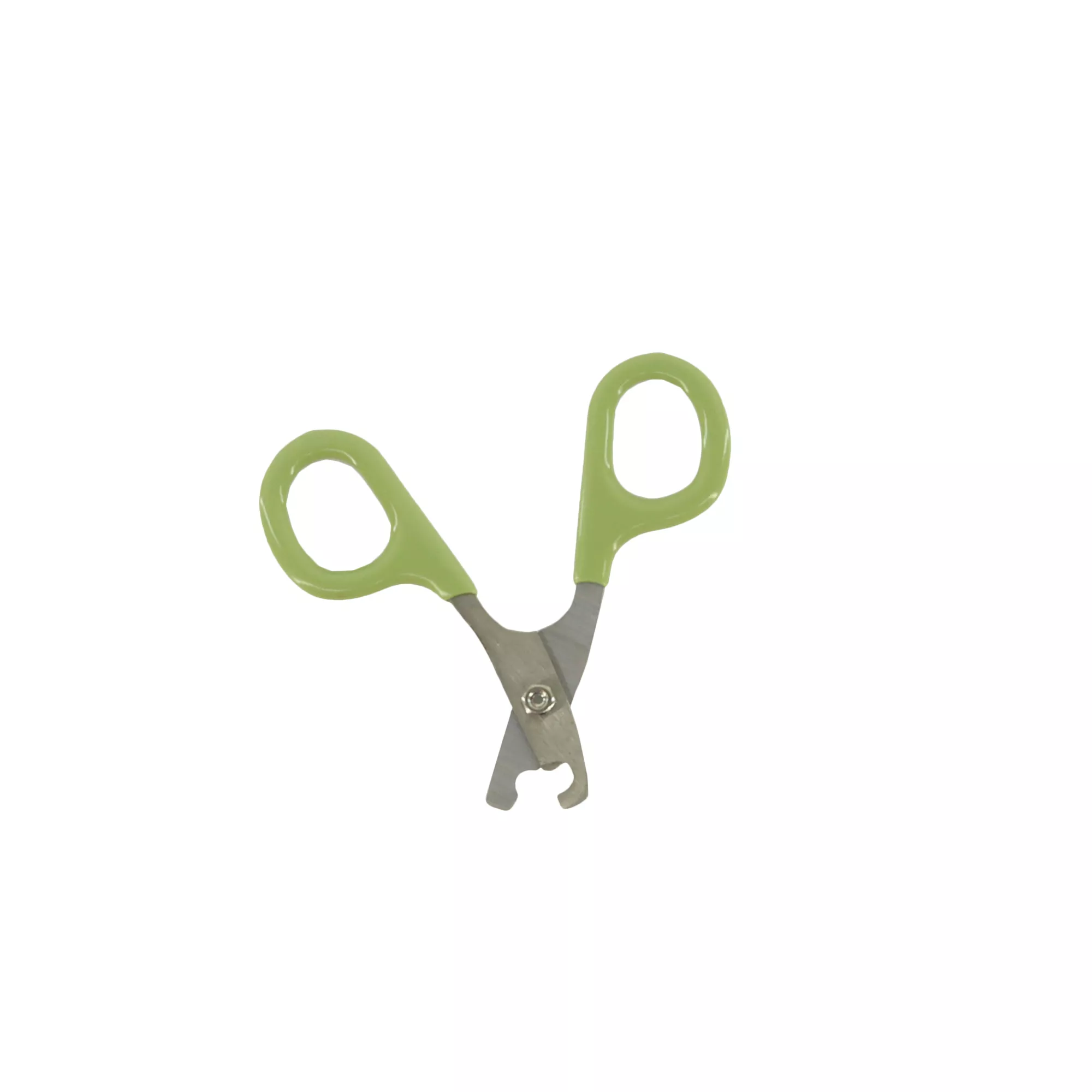 A pair of nail trimmers is displayed against a white background with the handles positioned outward. The handles are pale green with darker green grip areas inside the loops. The metal cutting blades form a curved edge and are connected with a small pivot screw.