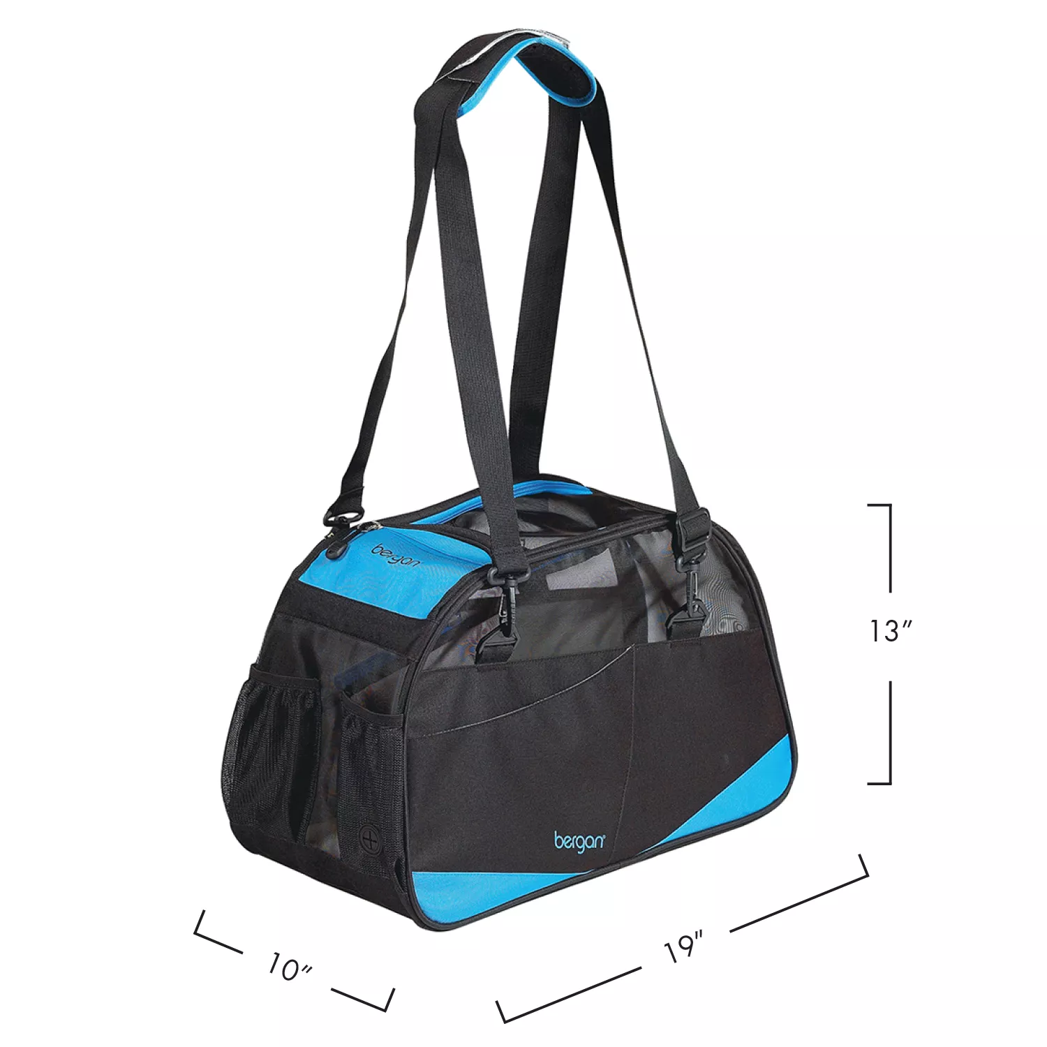 A standalone product image of the Bergan® Comfort Carrier Voyager™ appears against a white background. The carrier is black with turquoise trim along the seams, front edge, and pocket detailing. Both side panels feature large black mesh ventilation windows framed with turquoise piping. The top of the carrier includes two sturdy black shoulder straps that extend upward. Below the carrier, printed dimension lines indicate approximate measurements: 19" length, 10" width, and 13" height. The structured rectangular shape and reinforced corners give the carrier a durable, travel‑ready appearance.
