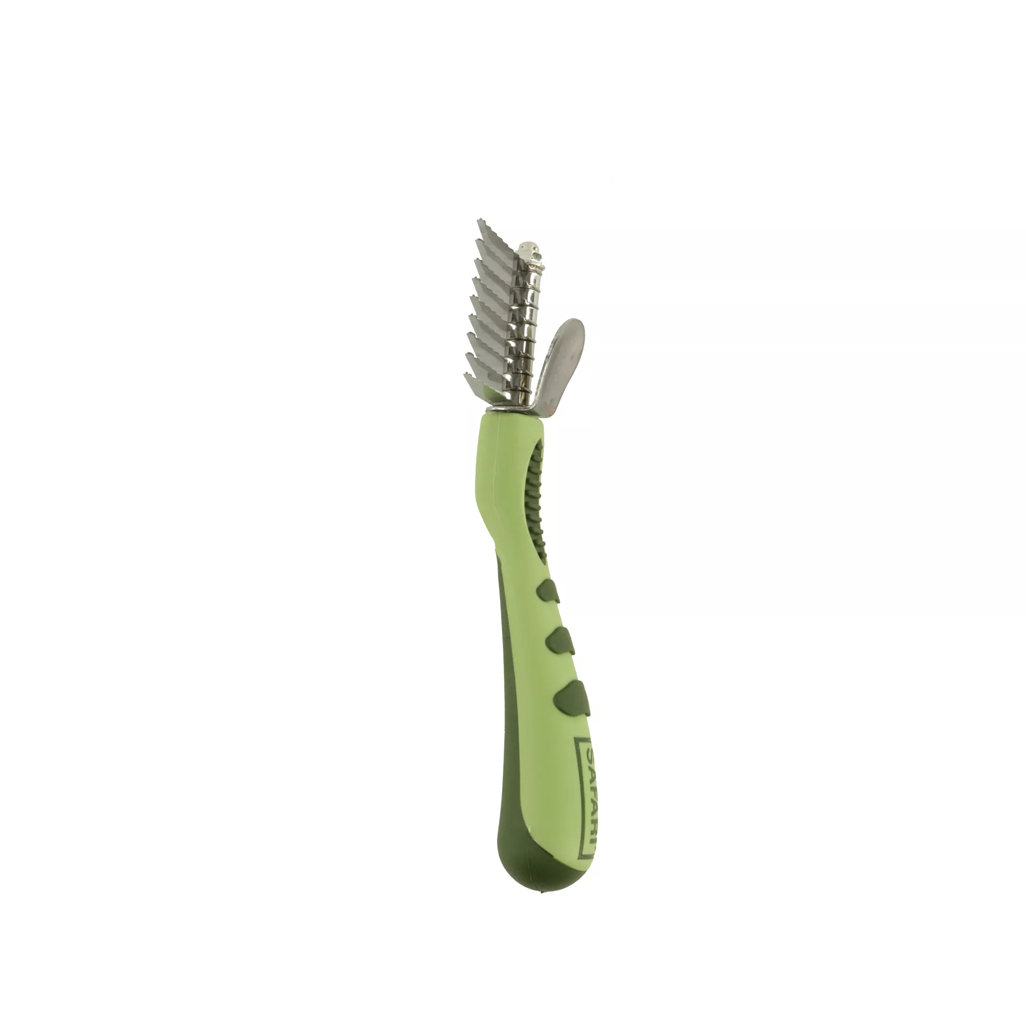 A dog de‑matting comb shown from a three‑quarter angle on a white background. The comb head includes multiple curved stainless‑steel blades connected to a metallic base. The contoured handle is light green plastic with darker green oval‑shaped rubber grip inserts running along the underside.