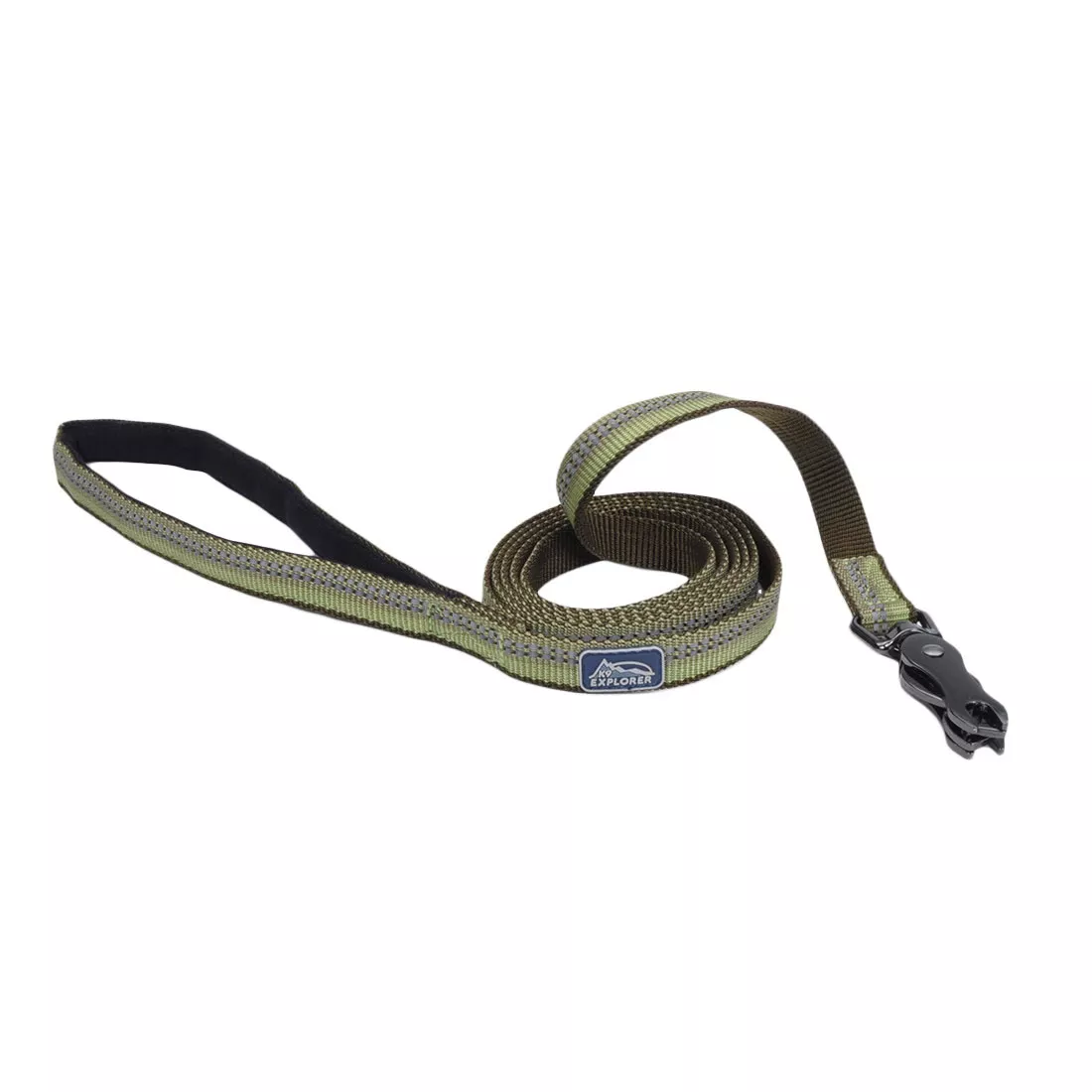 A green reflective dog leash is displayed against a white background. The leash features woven fern‑green webbing with a reflective stitched stripe centered along the strap and black trim along the edges. A black padded handle is attached at one end. A silver metal scissor‑snap clasp is secured at the opposite end using reinforced stitching. A rectangular woven brand patch is sewn onto the leash near the clasp.
